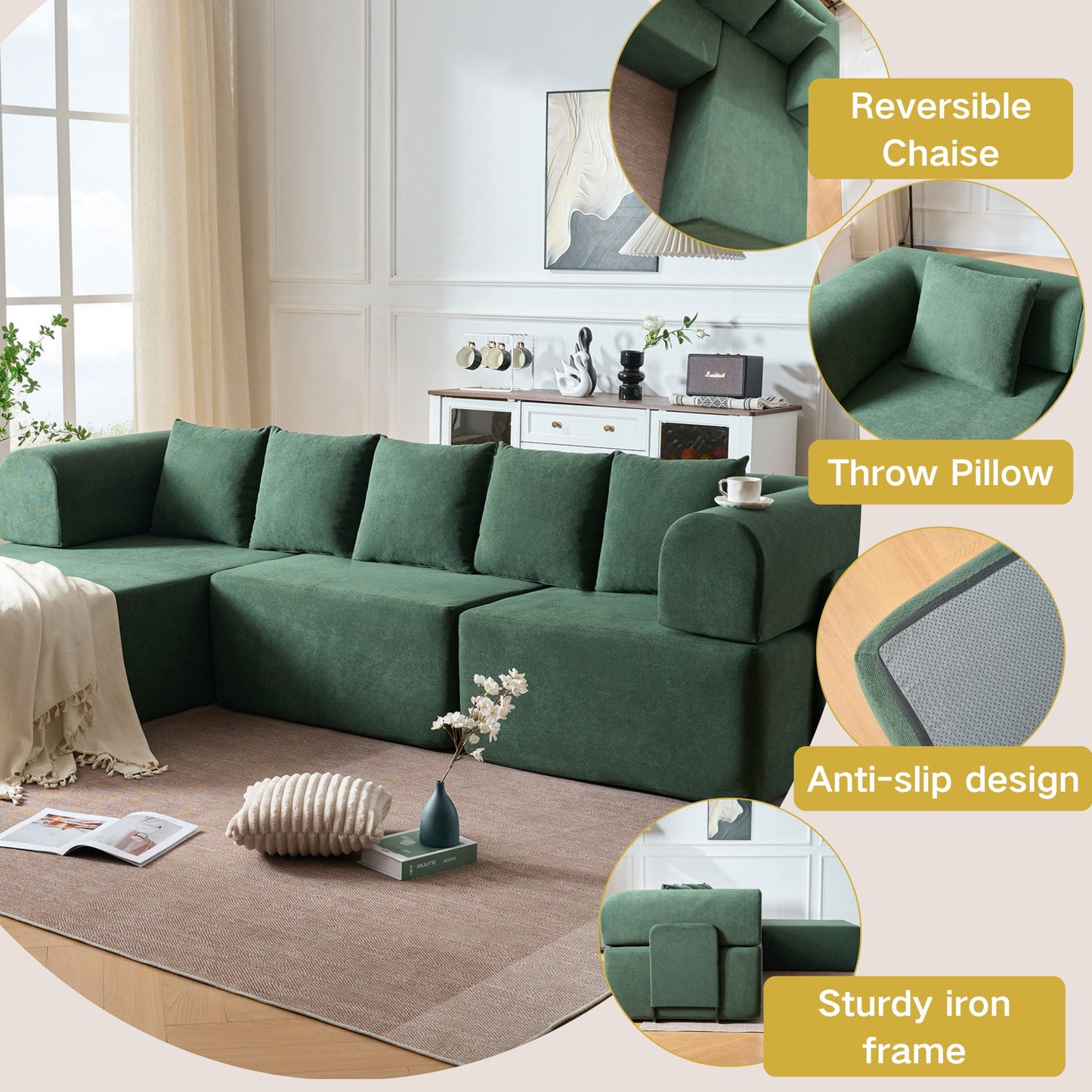 Modular L-Shaped Sectional Sofa With Deep Seat, Movable Chaise & 5 Pillows