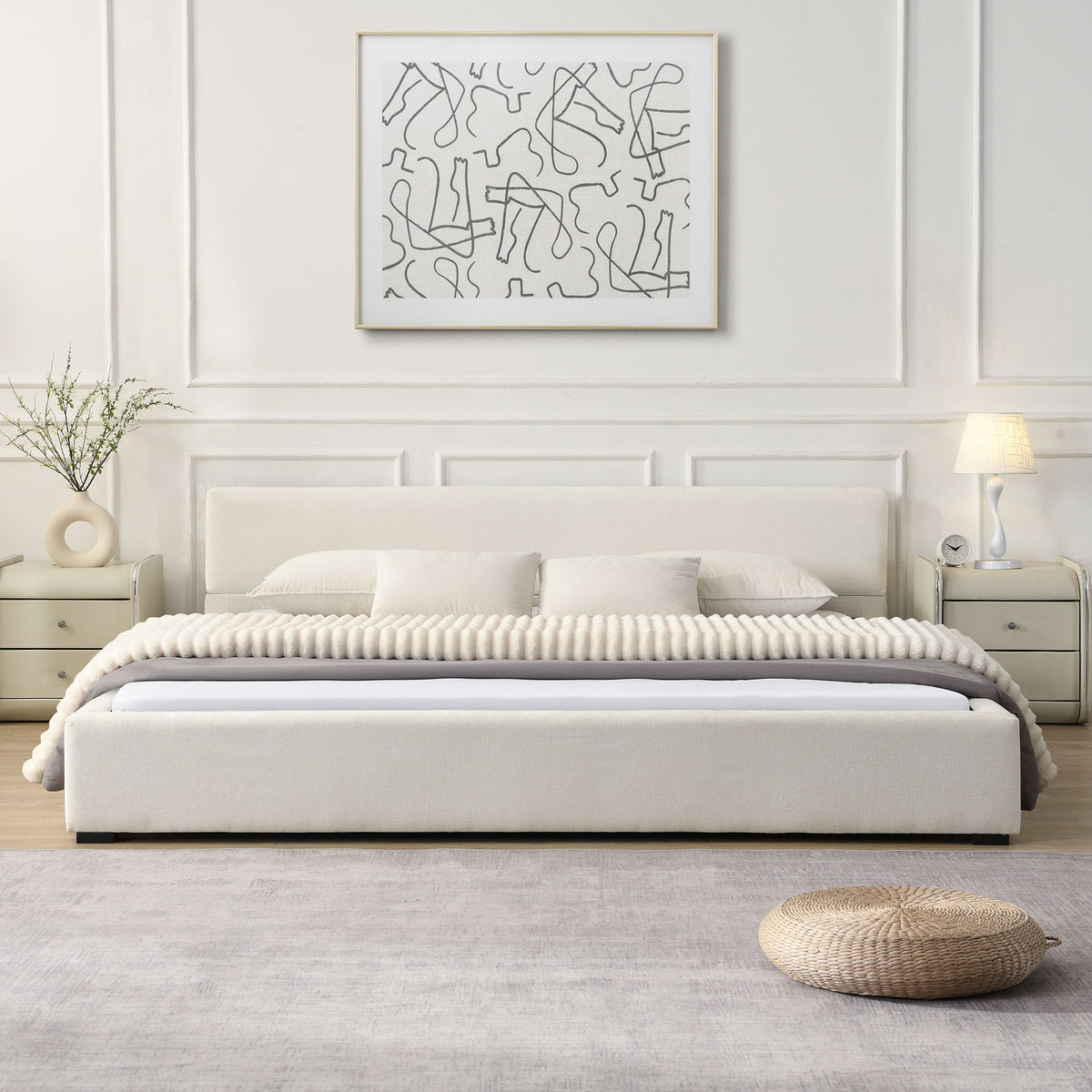 Elegant Wide Bed With Soft Fabric Upholstery