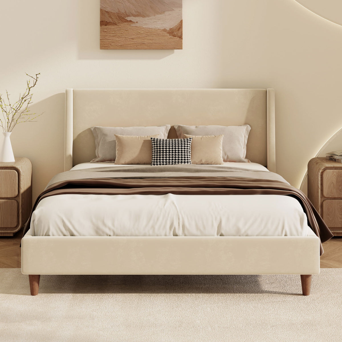 Modern Upholstered Platform Bed With Wingback Headboard