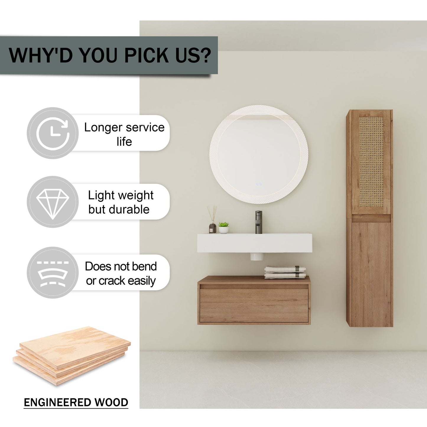 Contemporary Wall Mounted Bathroom Vanity With Resin Sink And 2 Side Cabinet - Imitative Oak
