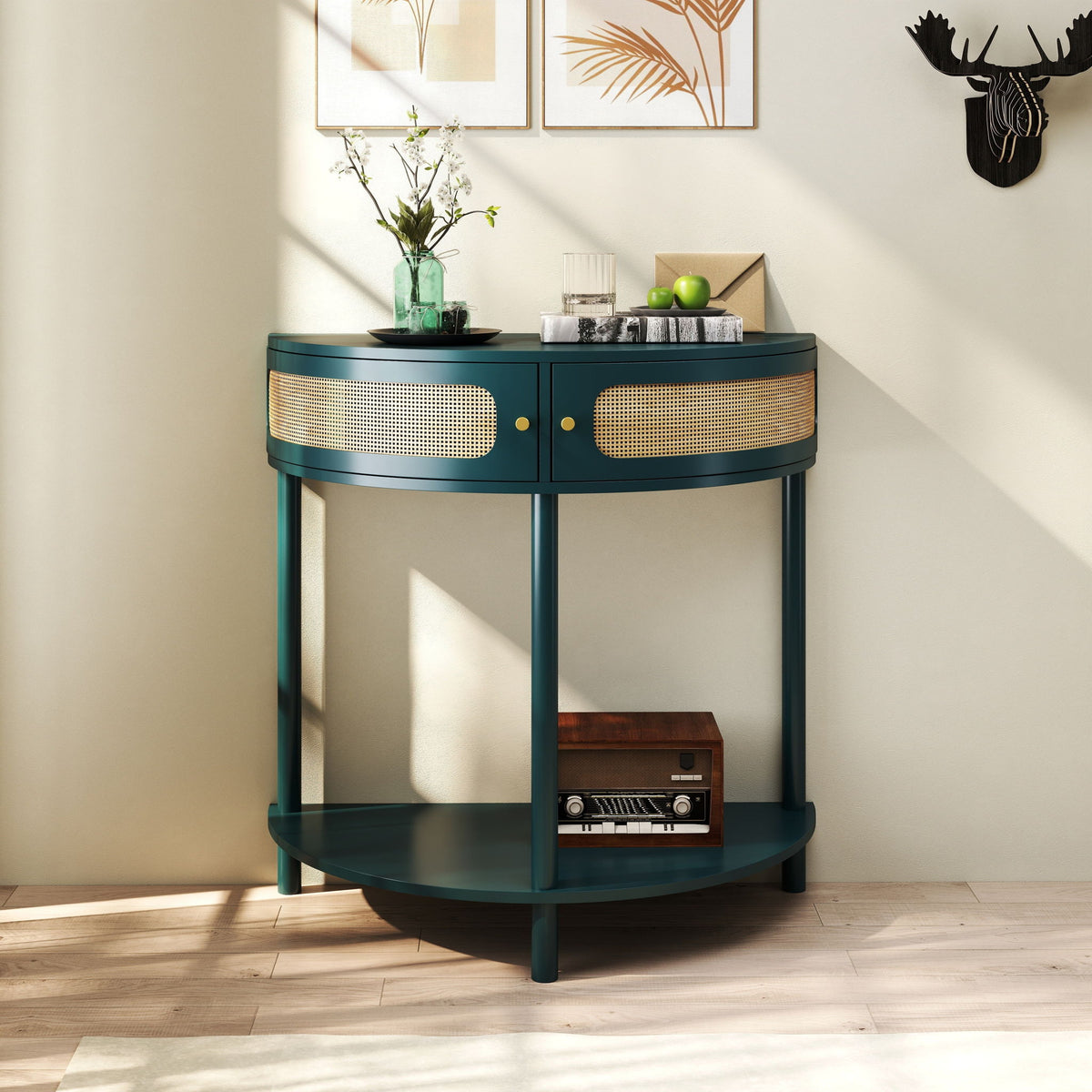 Boho Rattan Semi Circle End Table With Sliding Rattan Door, Elegant Entryway Console With Storage And Bottom Shelf - Antique Green