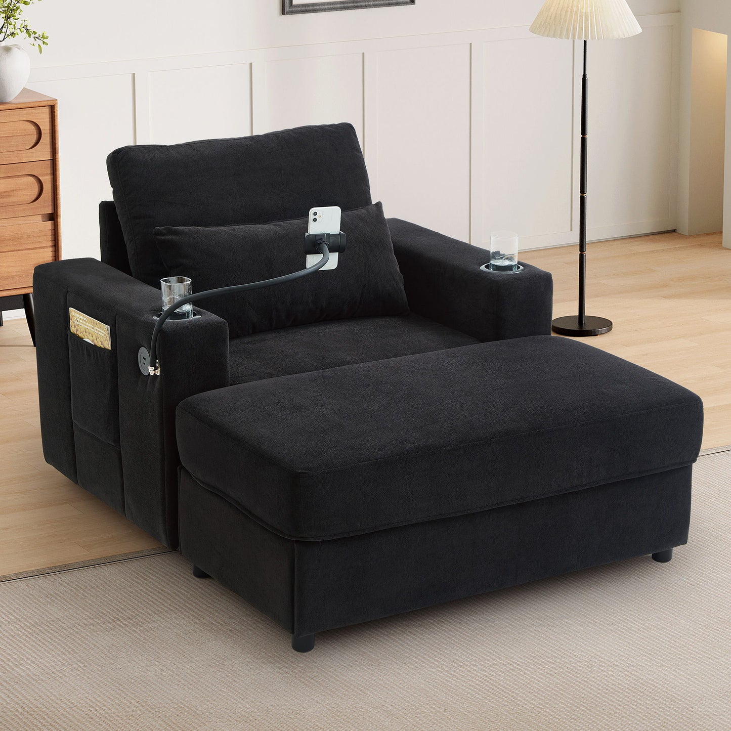 Modern Style Armchair Chaise Lounge Sofa Couch With Movable Storage Ottoman, USB Ports, Cup Holders, Phone Holder, Side Pockets