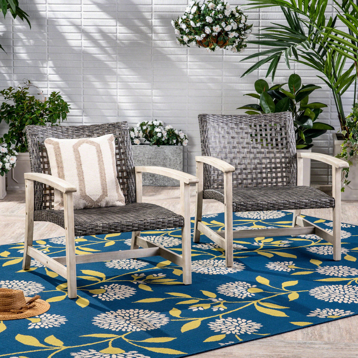 Outdoor Club Chair With Rattan Cover And Acacia Wood Frame - Gray / Black