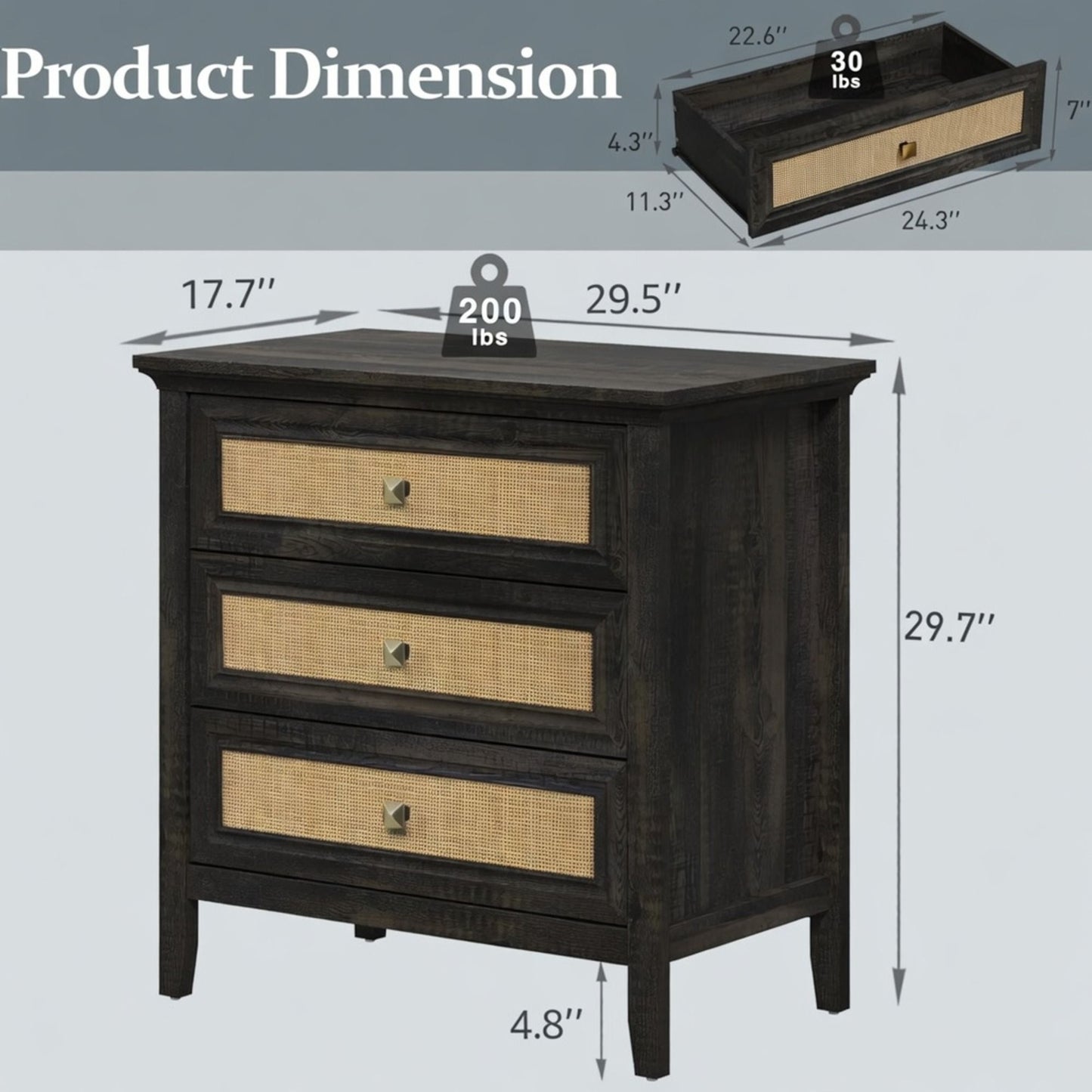 Nightstand With 3 Drawers, Tall End Table - Brown