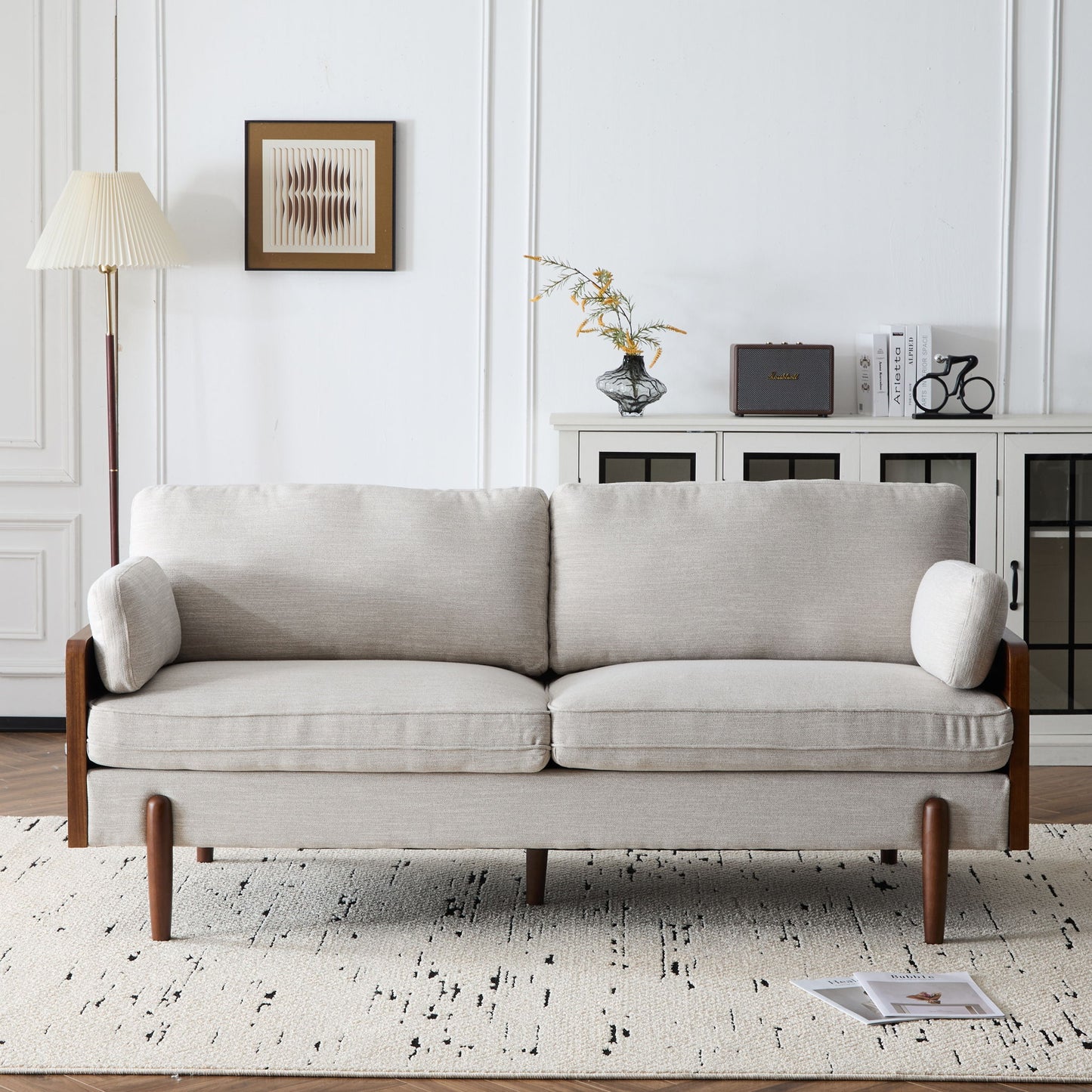 Sofa With Wood Sides And Rounded Legs - Beige