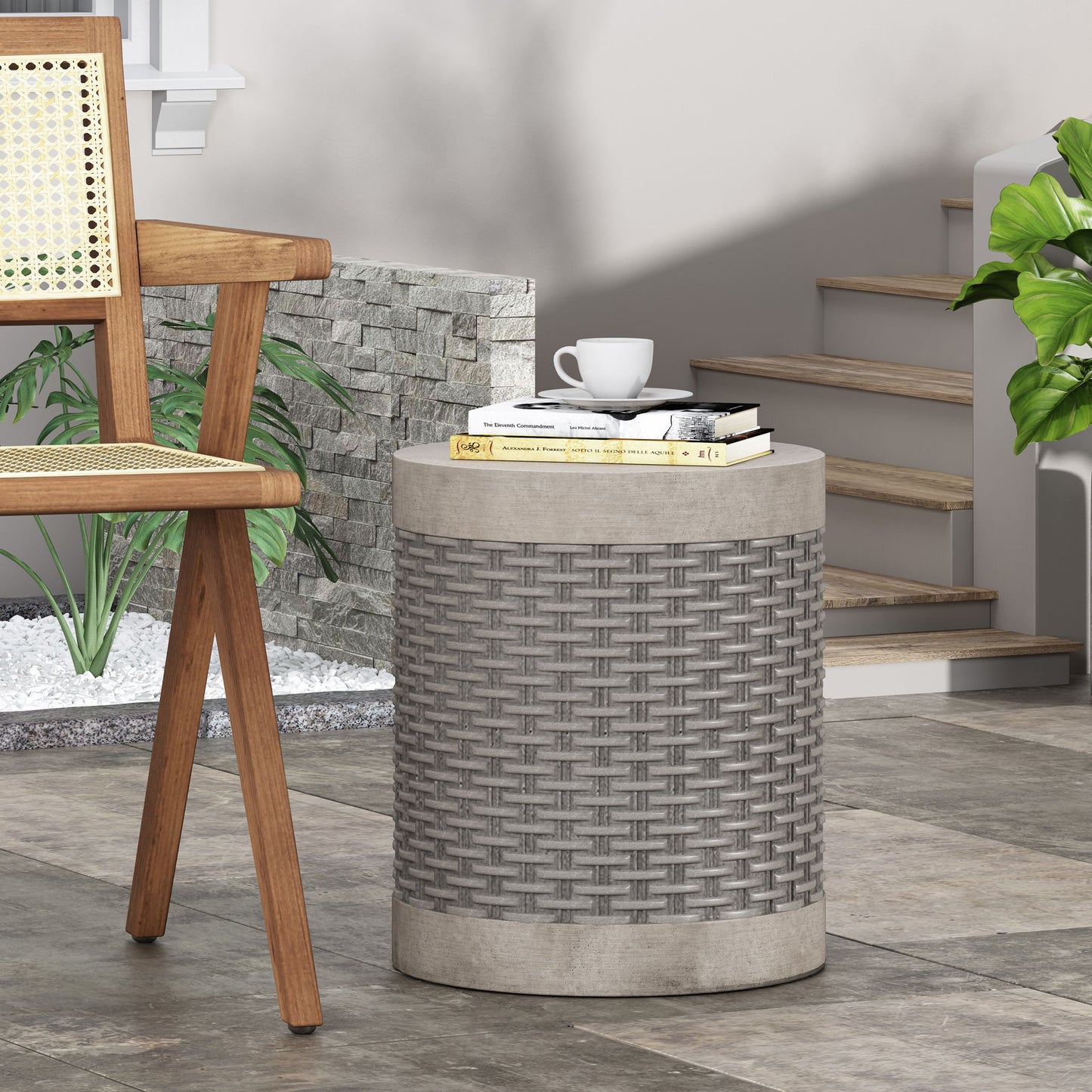 Outdoor Lightweight End Table Round Concrete Outdoor Side Table - Natural