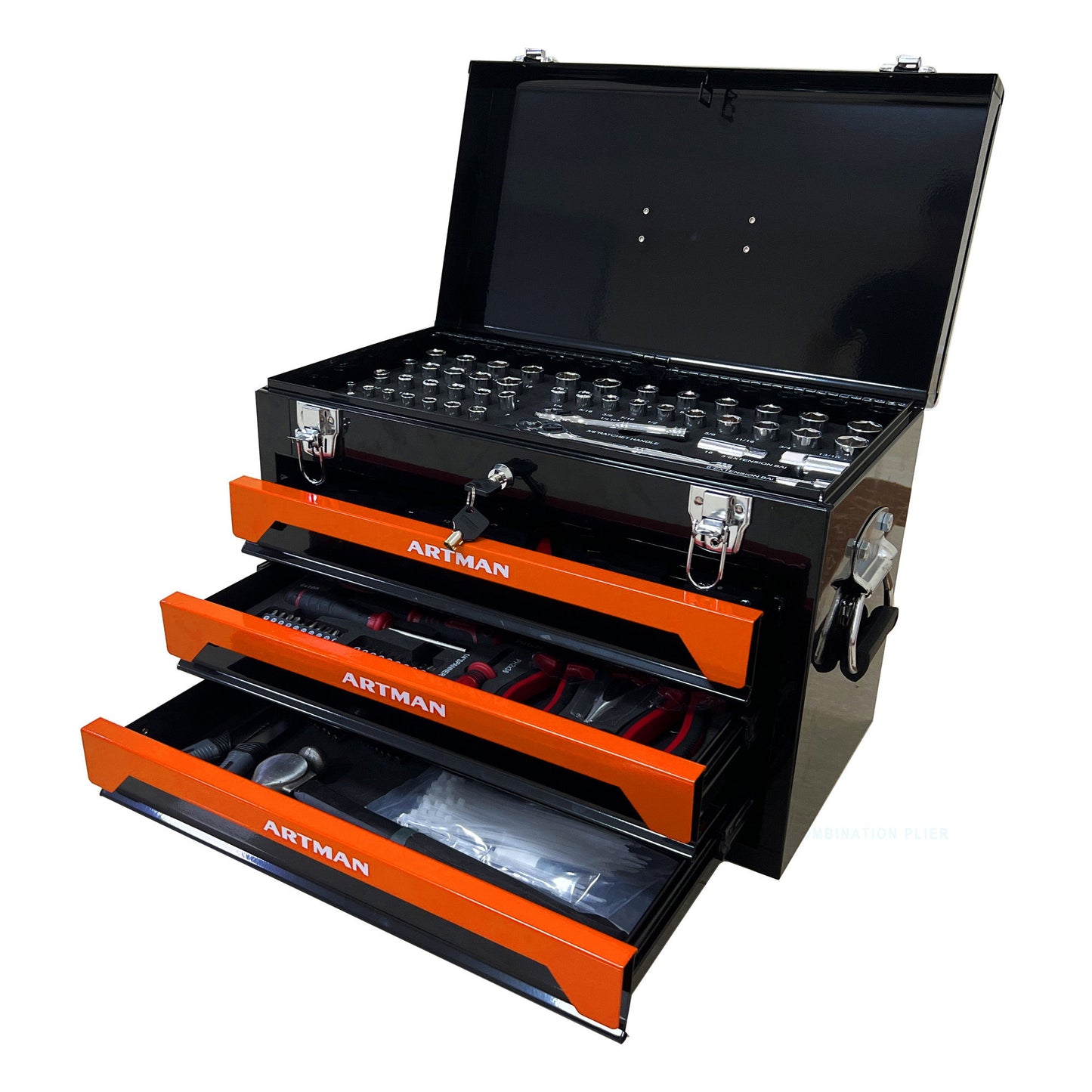 Portable 3 Drawer Steel Toolbox, 4 Layers Of Tools With Metal Latches, With Storage Tray And Carrying Handle