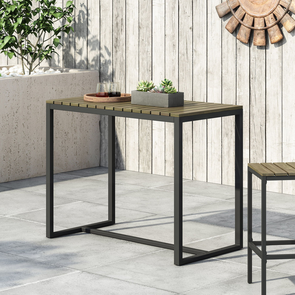 Ernesto - Outdoor Industrial Acacia Wood Bar Table With Metal Frame - Gray / Black
