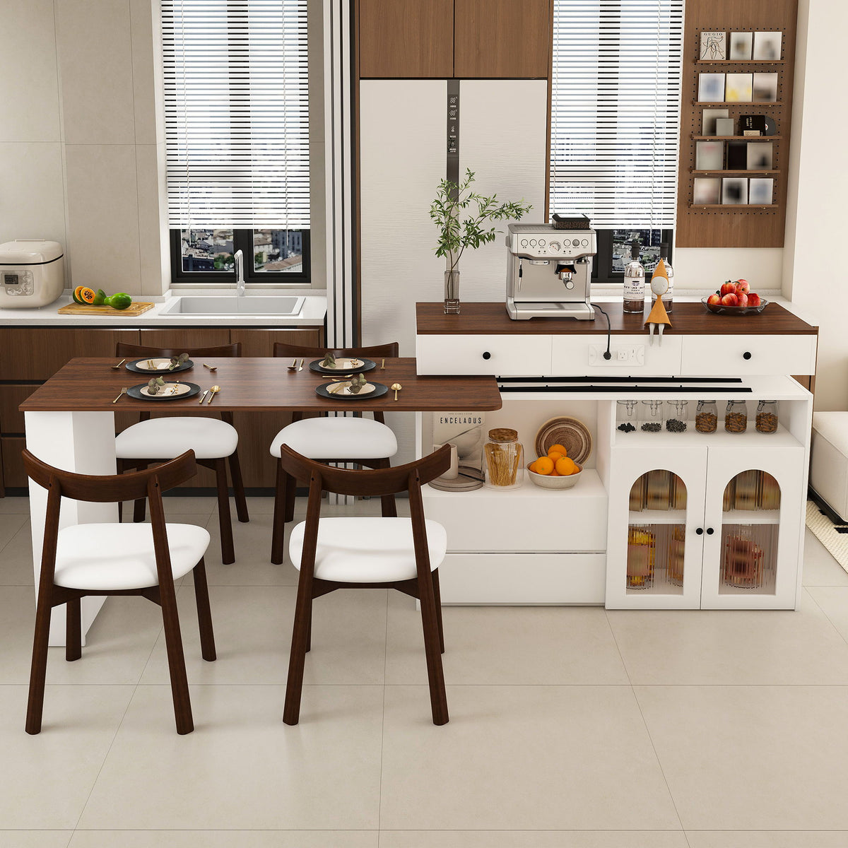 Kitchen Island Set With 4 Chairs, Extendable & Rotating Table, 4 Drawers & Glass Door Cabinets - Walnut