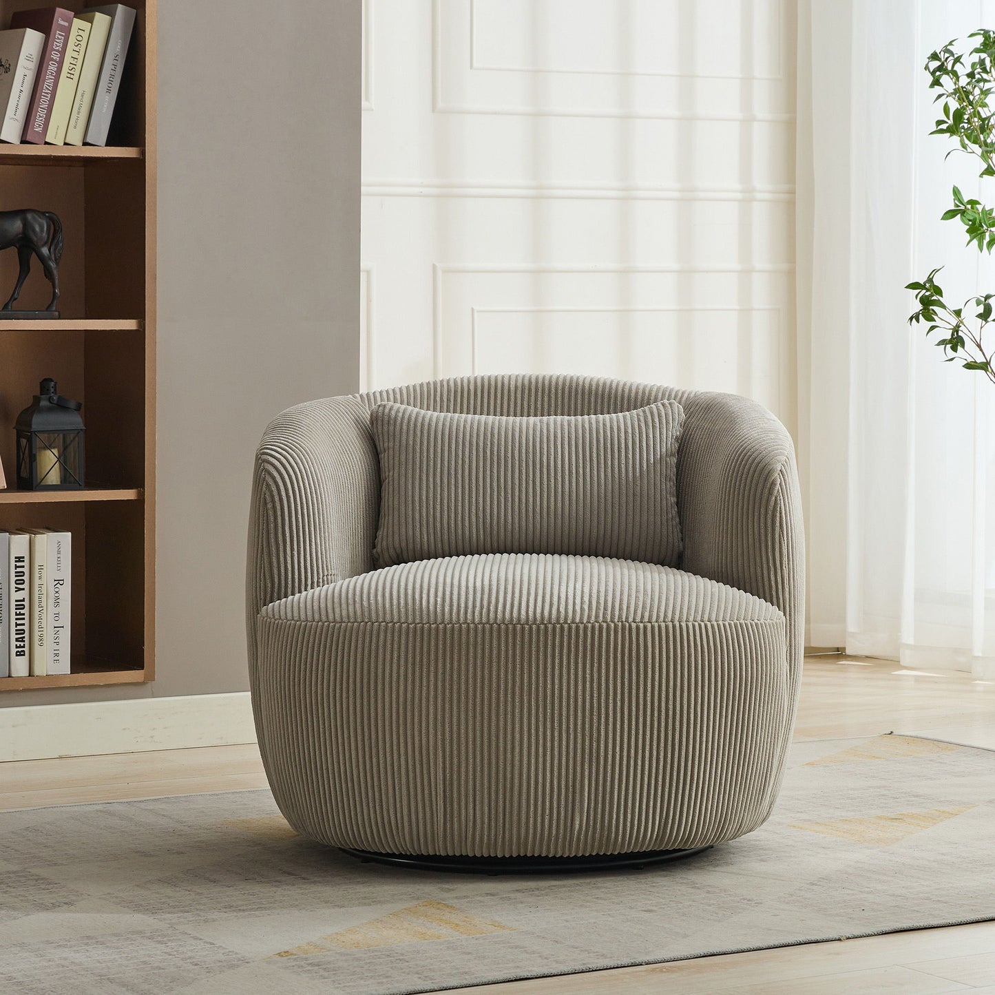 Wide Upholstered Corduroy 360° Swivel Barrel Soft Chair With Pillow