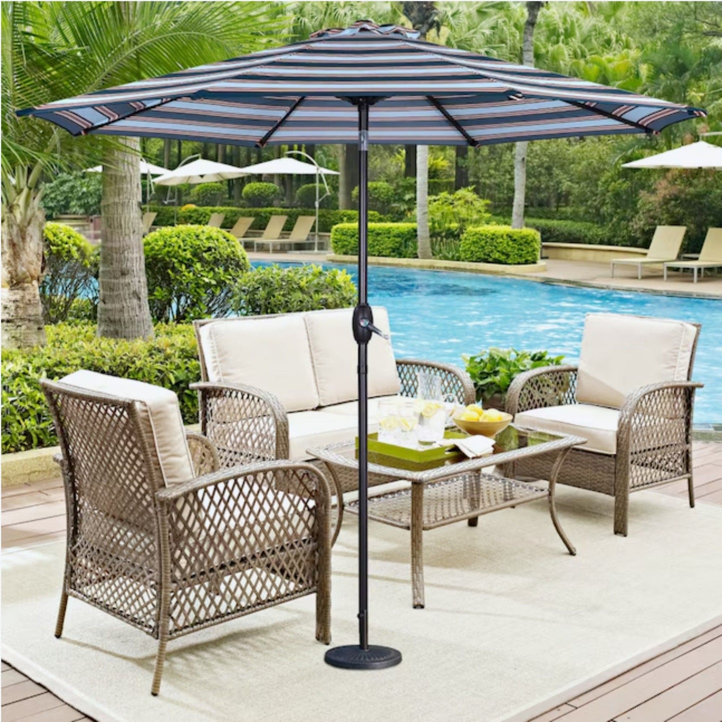 Patio Umbrella With Crank Lift & Push Button Tilt Frame, 200G / Sqm Solution Dyed Canopy - Blue Multi / Brown