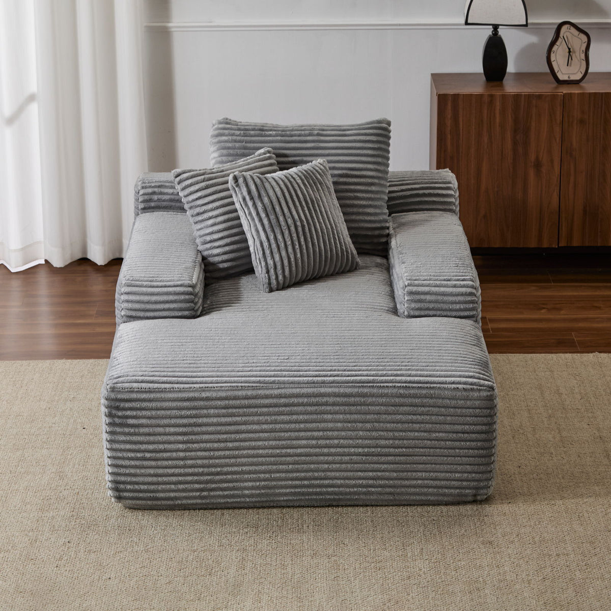 Oversized Chaise Lounge Chair Cozy Cloud Couch, Plush Corduroy Upholstered Sleeper Sofa Daybed With 3 Throw Pillows And Wide Armrest For Living Room - Gray