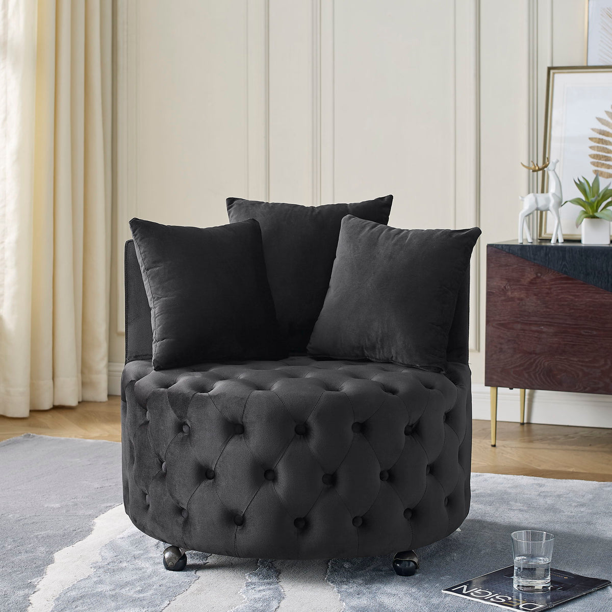 Modern Velvet Upholstered Swivel Chair With Button Tufted Design Movable Wheels 3 Pillows - Black
