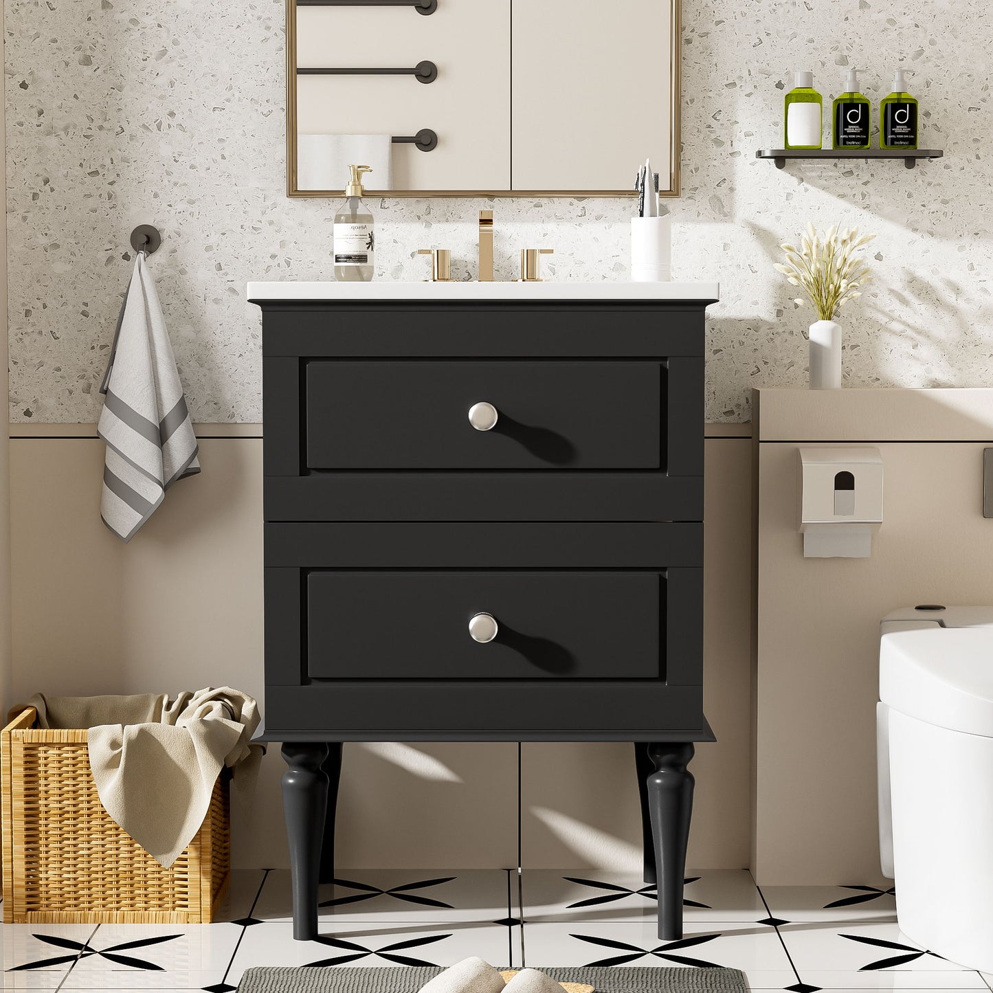 Bathroom Vanity Cabinet With Ceramic Sink Combo Set, Frame Modern Bathroom Storage Cabinet With 2 Drawers - Black