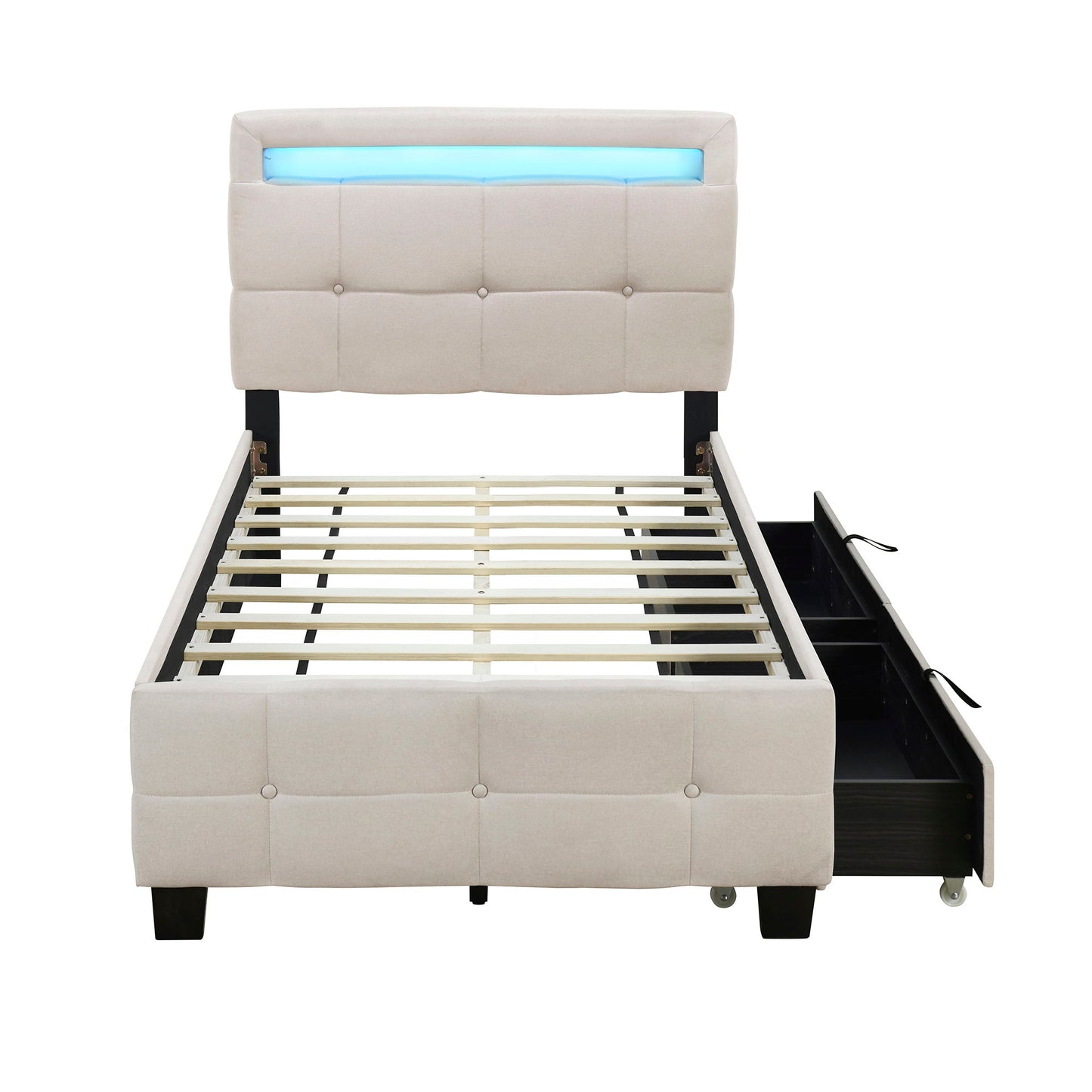 Upholstered Platform Bed With LED Frame, With Trundle And 2 Drawers