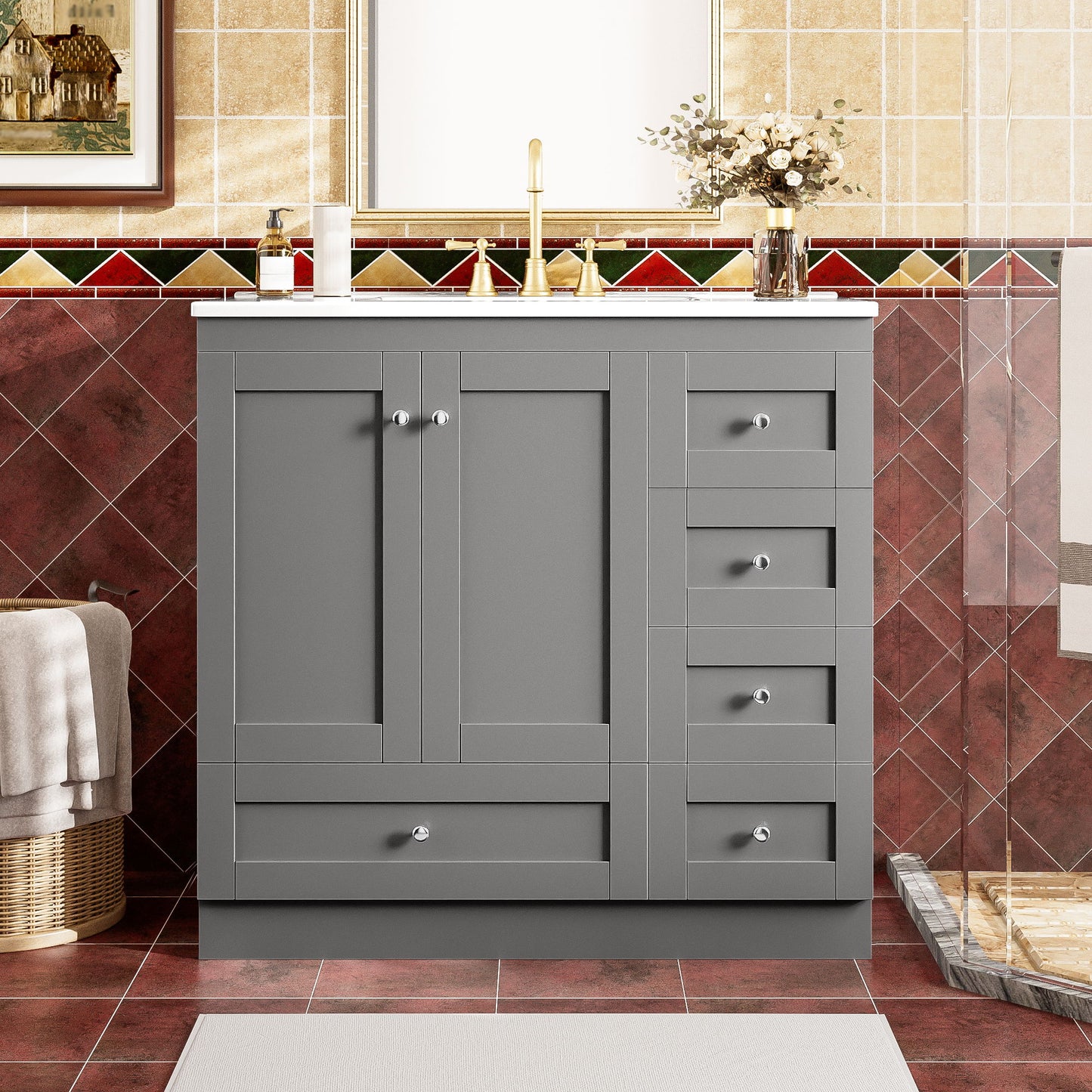 Shaker Free Standing Bathroom Vanity Cabinet With Sink, Soft Close Drawers, Soft Close Doors