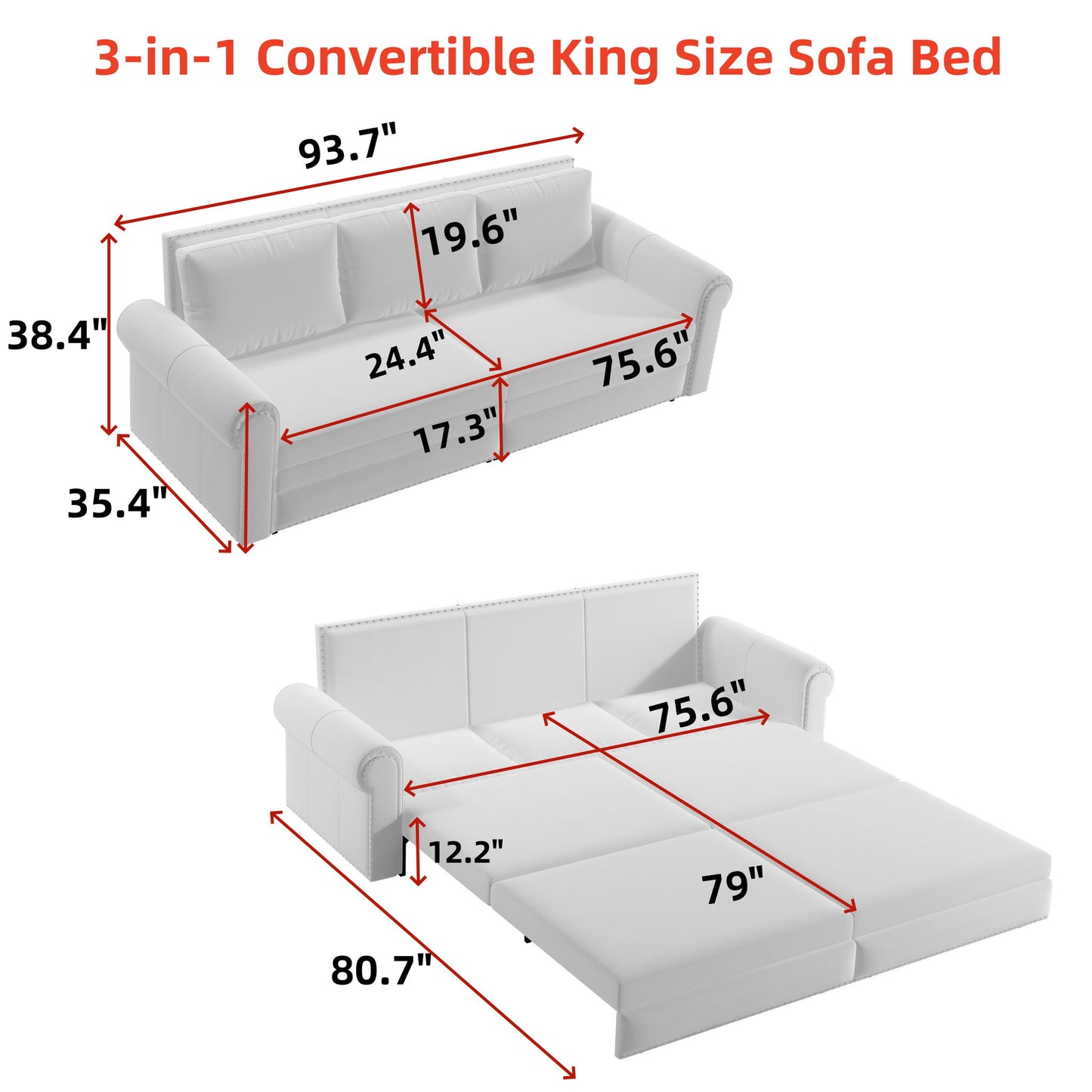 Pull Out Sofa Bed 3 In 1 Convertible Sleeper Sofa With Nailhead Trim & Rolled Arm, Multi Functional