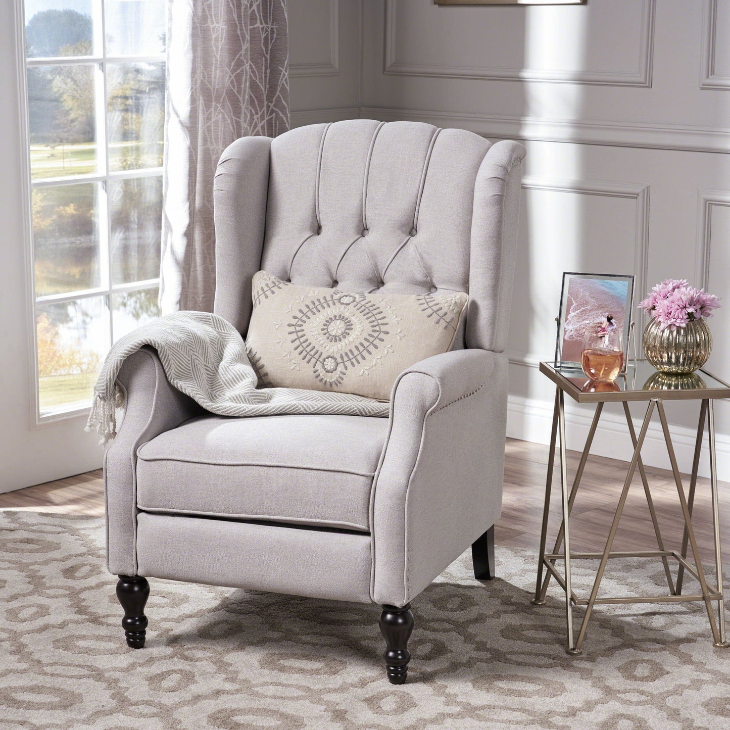 Tufted Arm Chair Recliner With Wingback Style, Pushback Mechanism - Light Gray