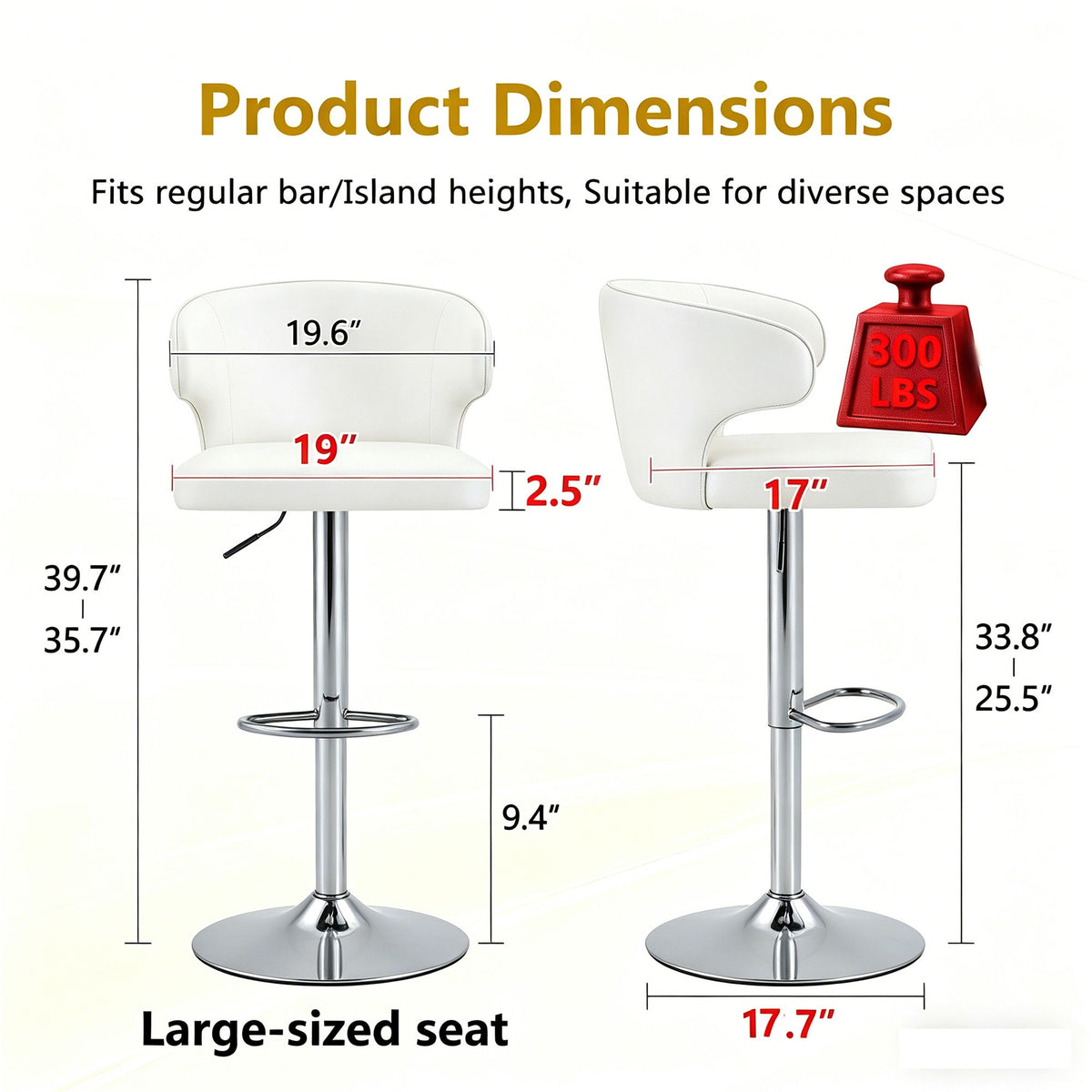 Adjustable Swivel Bar Chair With High Back Support For Kitchen Counter (Set of 2) - White / Silver