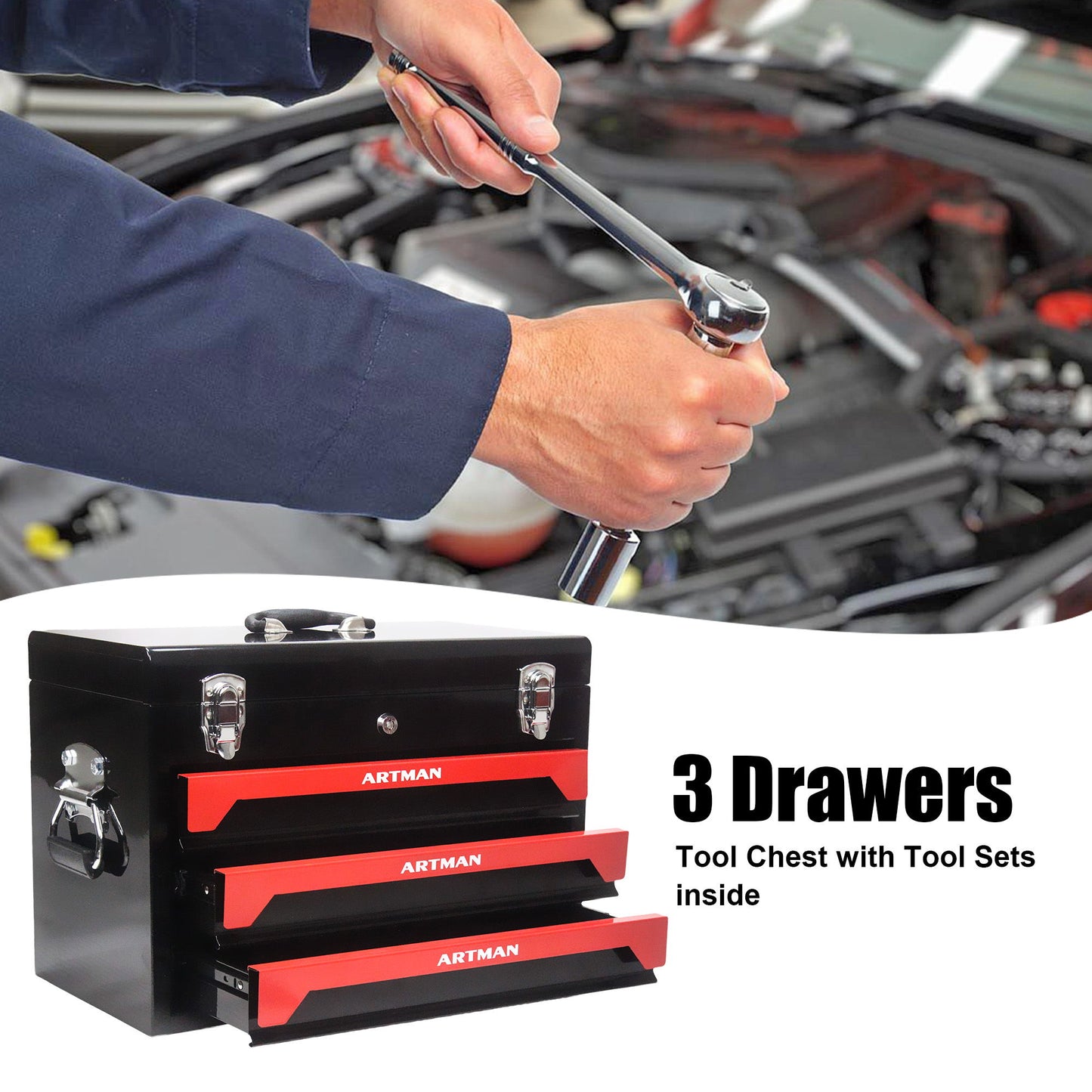 Portable 3 Drawer Steel Toolbox, 4 Layers Of Tools With Metal Latches, With Storage Tray And Carrying Handle