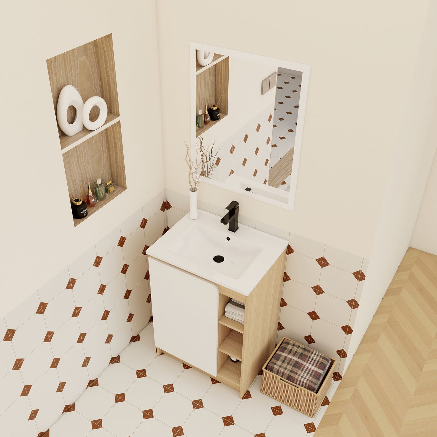 Freestanding Bathroom Vanity With Thin Rim Sink, Single Door With 4 Tier Open Shelves - Light Oak / White