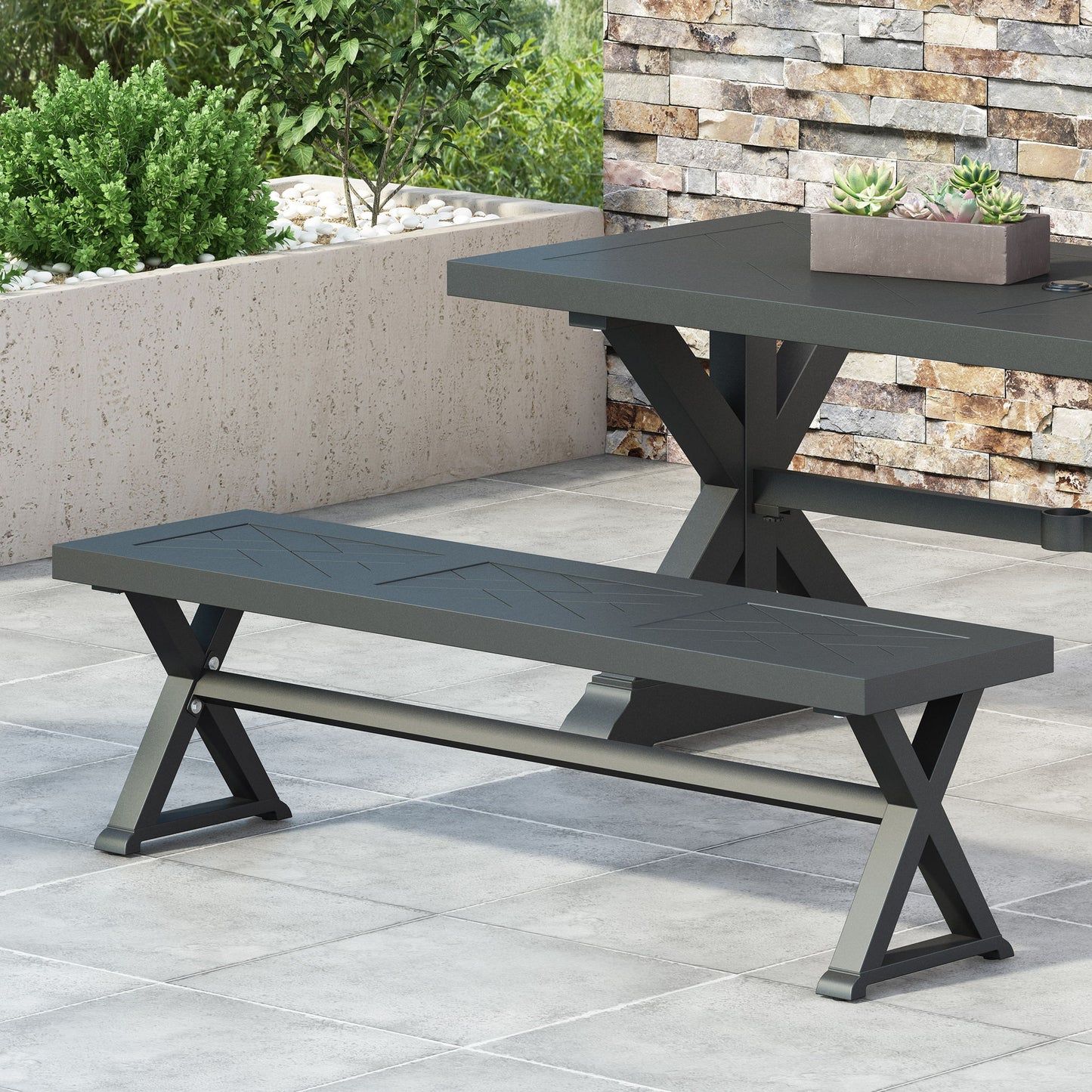 Modern Aluminum Outdoor Dining Bench With X Base