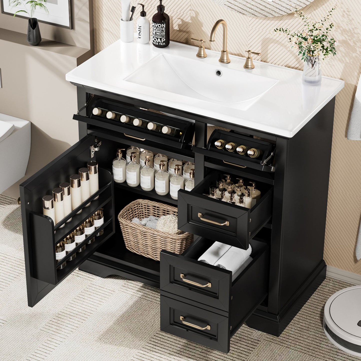 36" Bathroom Vanity With Sink, 2 Tip Out Drawers, Soft Close Hinges