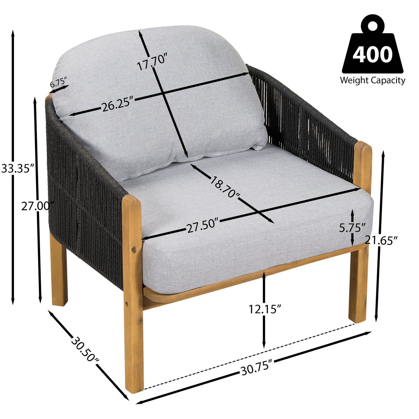Grotta - Outdoor Wood Club Chair (Set of 2) With Rope And Cushion Frame - Gray / Teak