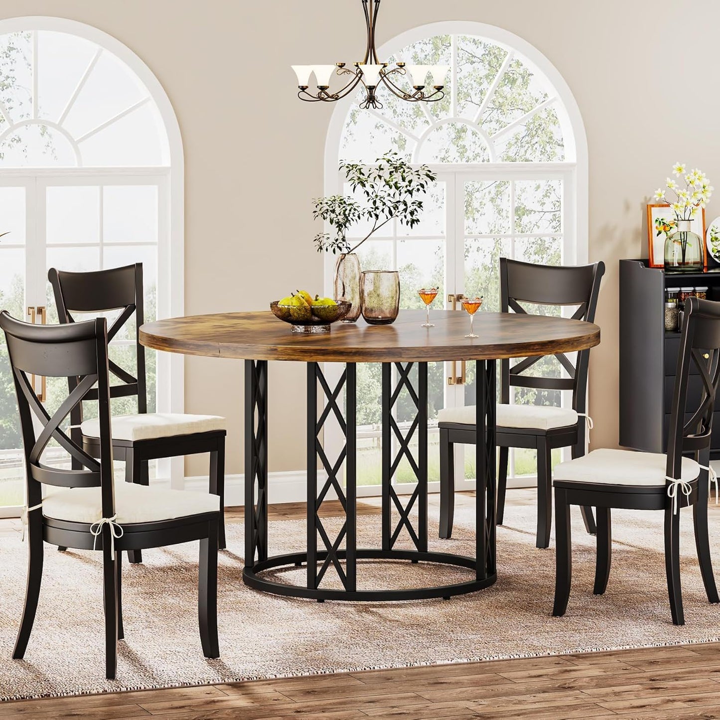 Round Dining Table With Circle Base - Brown / Black