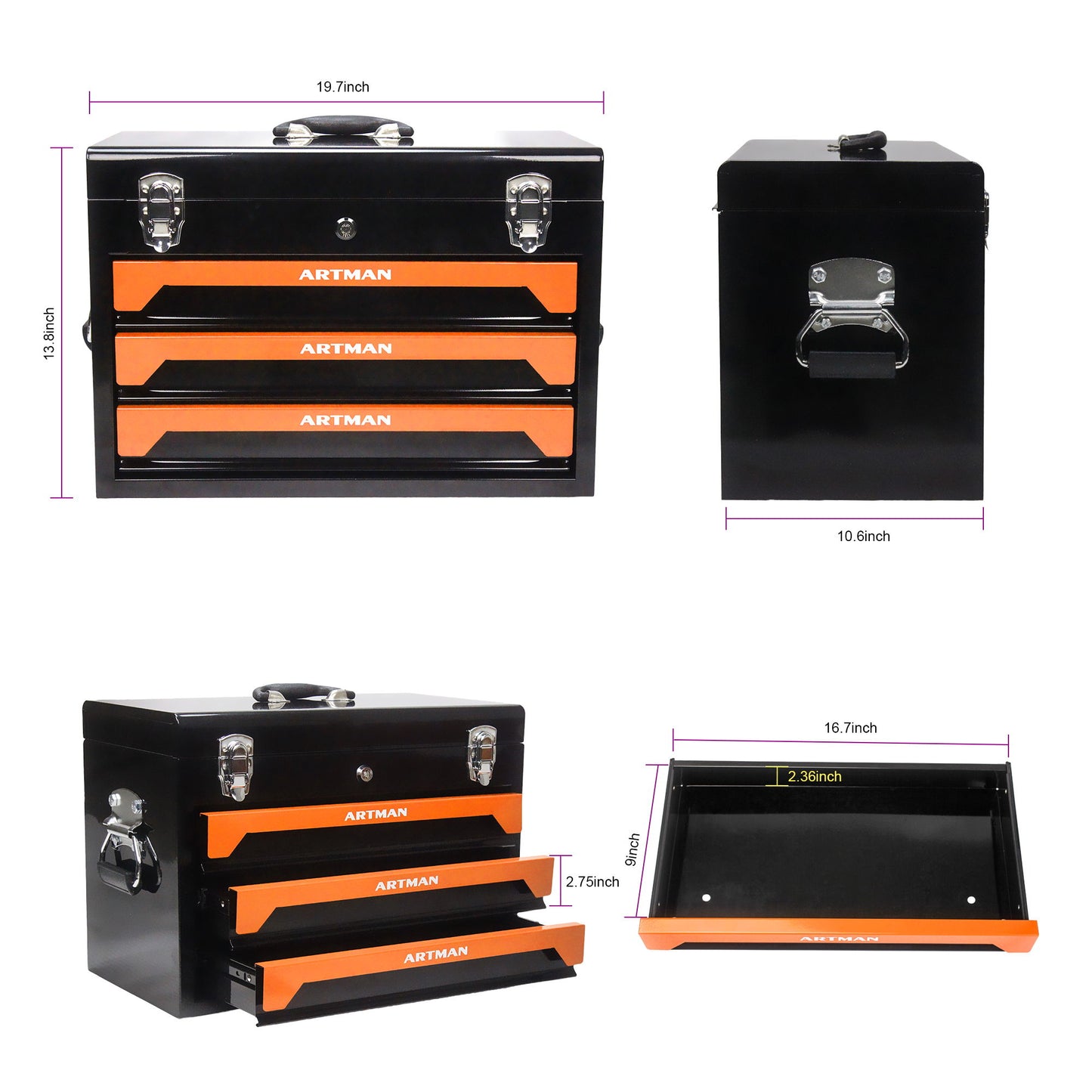 Portable 3 Drawer Steel Toolbox, 4 Layers Of Tools With Metal Latches, With Storage Tray And Carrying Handle