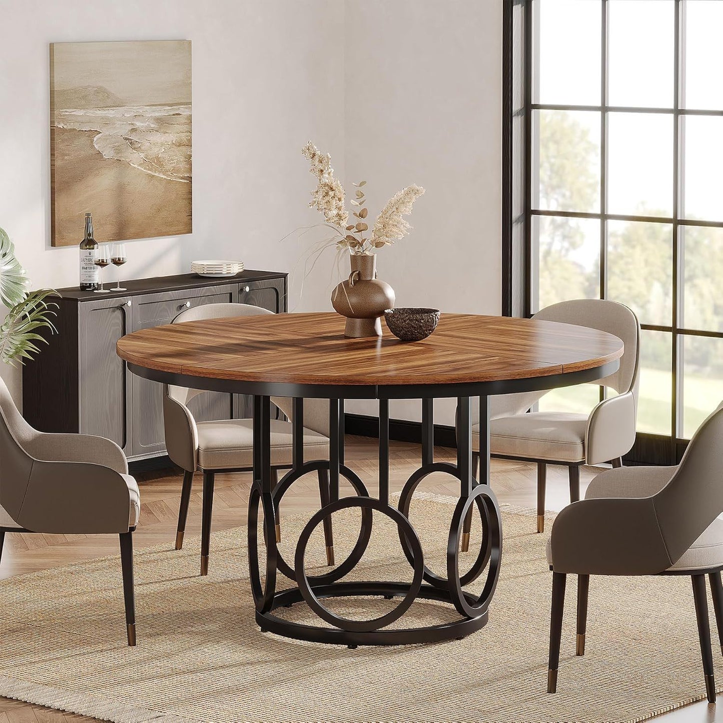 Round Dining Table For Kitchen & Dining Room - Brown / Black