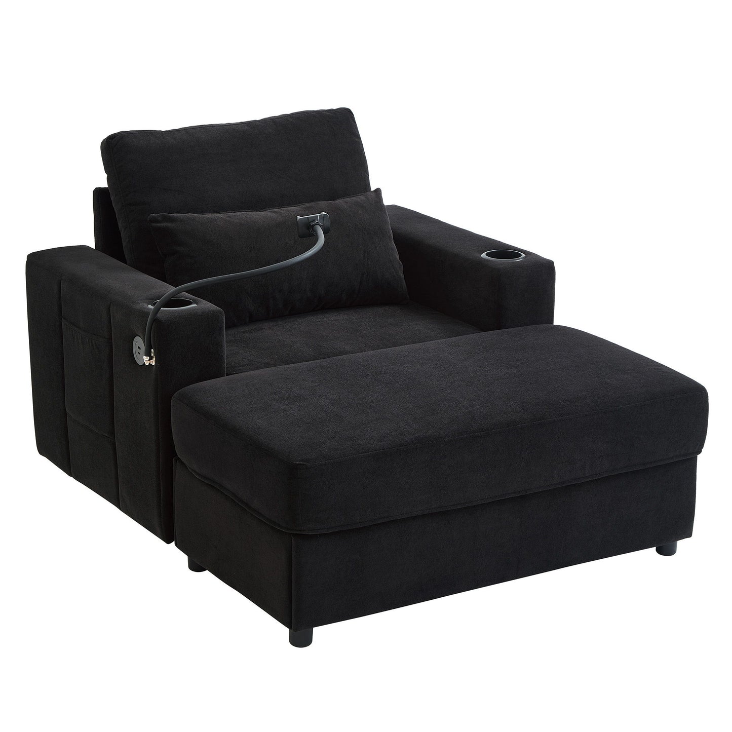 Modern Style Armchair Chaise Lounge Sofa Couch With Movable Storage Ottoman, USB Ports, Cup Holders, Phone Holder, Side Pockets