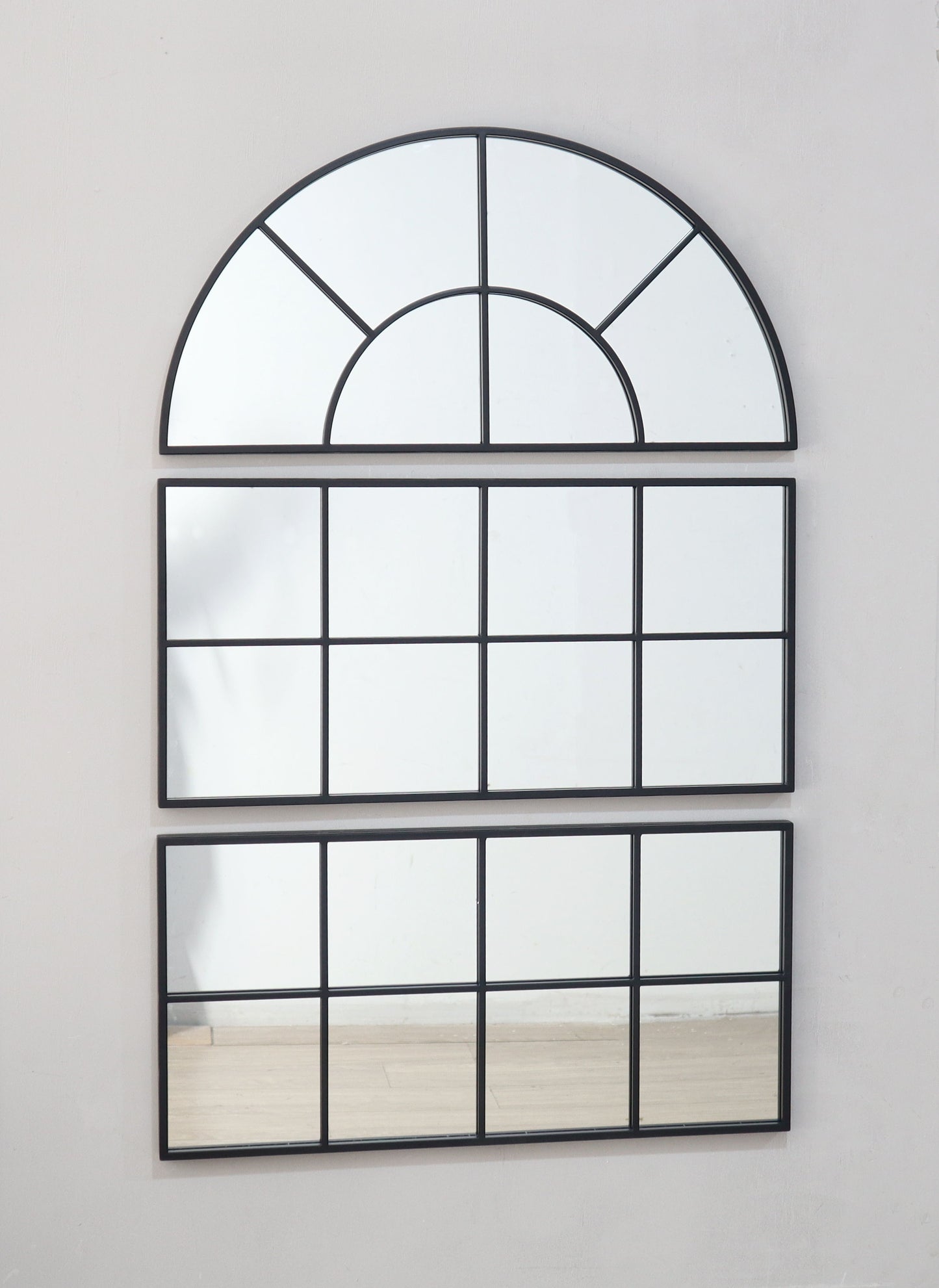 Large Arched Wall Mirror With 3 Separate Sections - Black