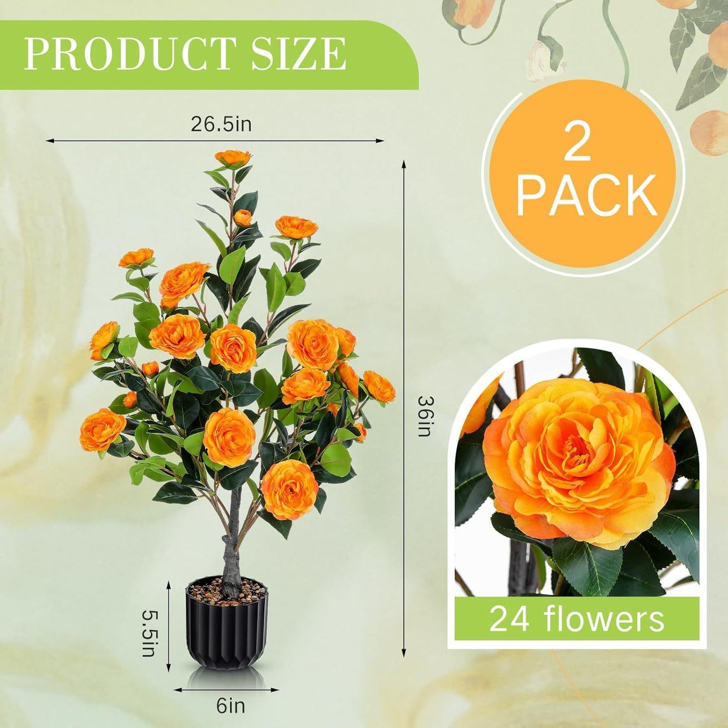 2 Pack Artificial Camellia Trees, Faux Potted Plants With Orange Flowers For Indoor Or Outdoor Decor, Porch, Office, Or Home Use - Black / Green / Orange