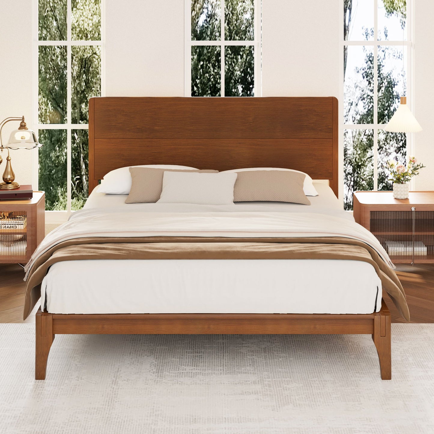 Mid-Century Modern Bamboo Platform Bed With Slat Support, No Box Spring Needed