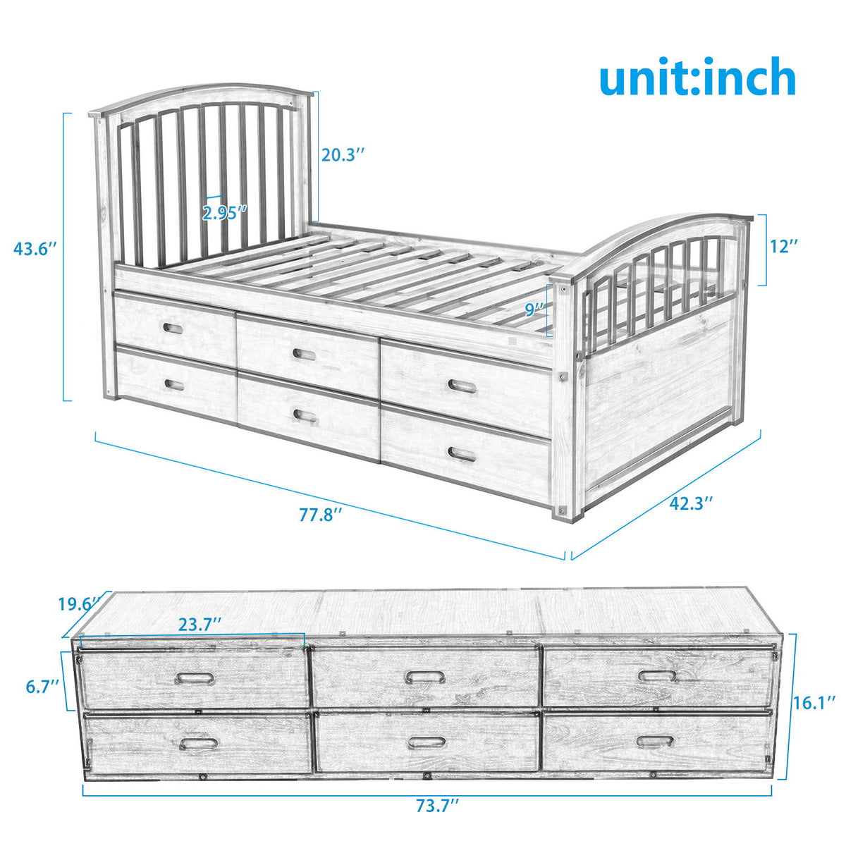 Twin Size Platform Storage Bed Solid Wood Bed With 6 Drawers - White