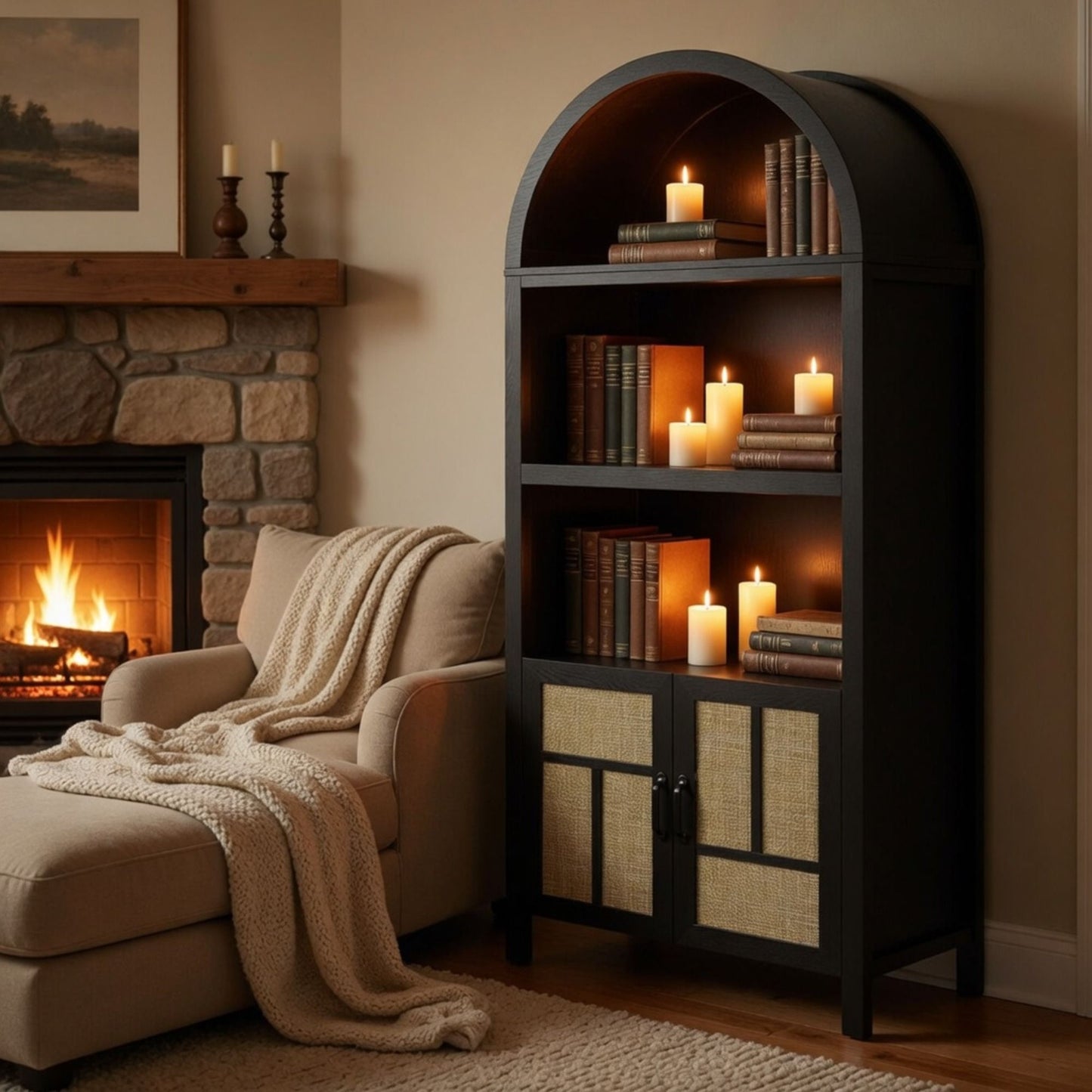 Arched Pantry Cabinet With Adjustable Storage & Doors - Black