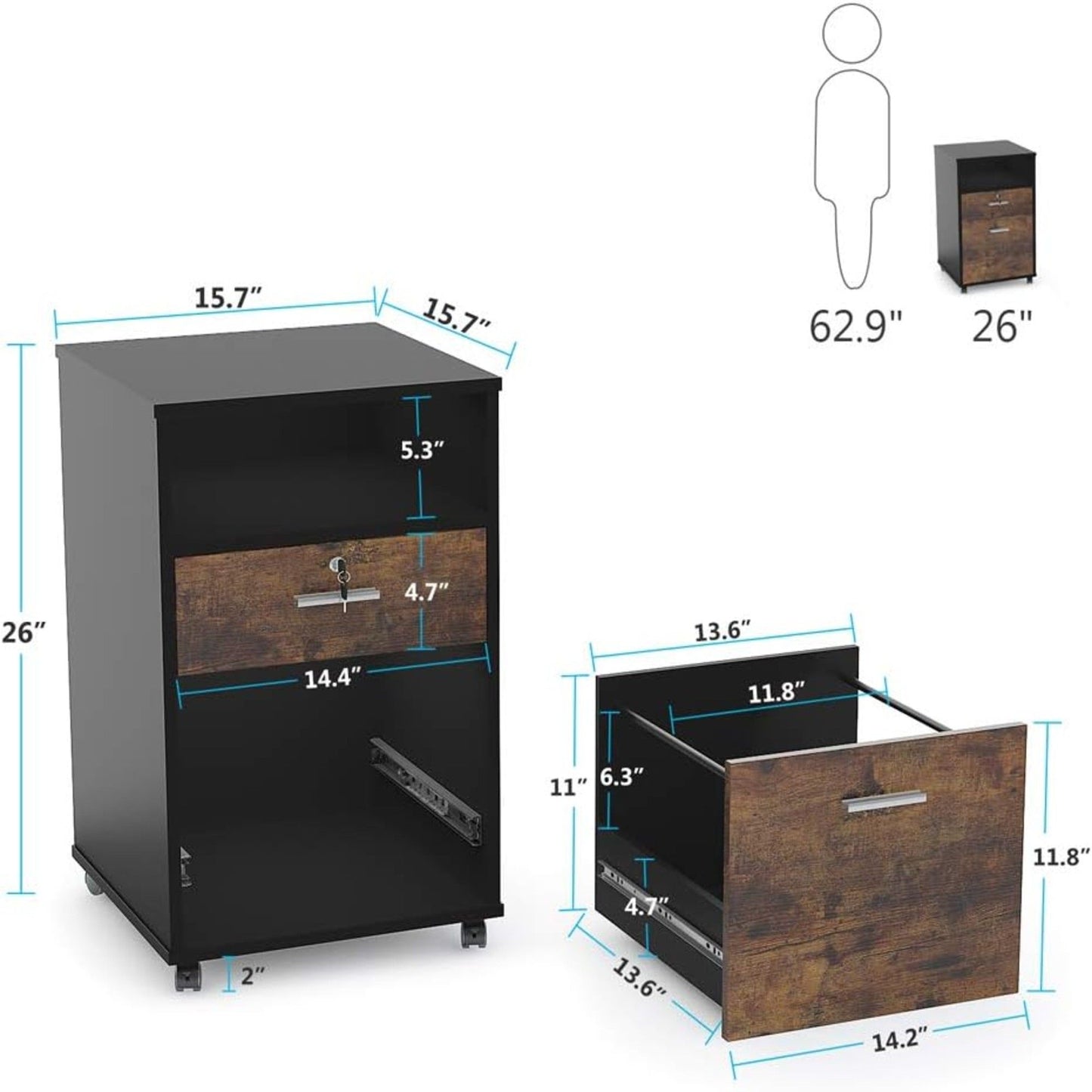 2 Drawer Mobile File Cabinet With Lock, Rolling Printer Stand For Letter Size Files - Black / Brown