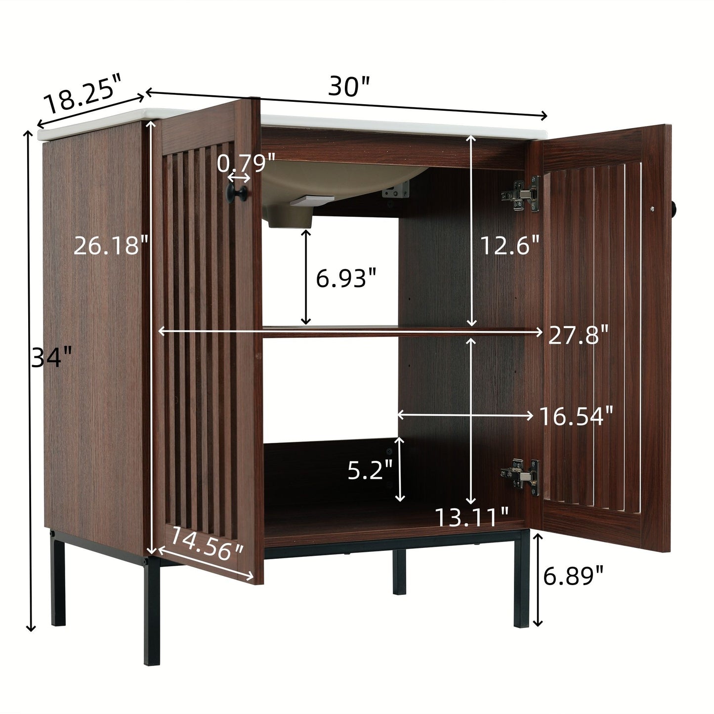 30" Vintage Bathroom Vanity With Ceramic Sink, Modern Bathroom Vanity Cabinet With 2 Soft Close Doors, Equpiied With 4 Sturdy Iron Legs - Antique Dark Brown