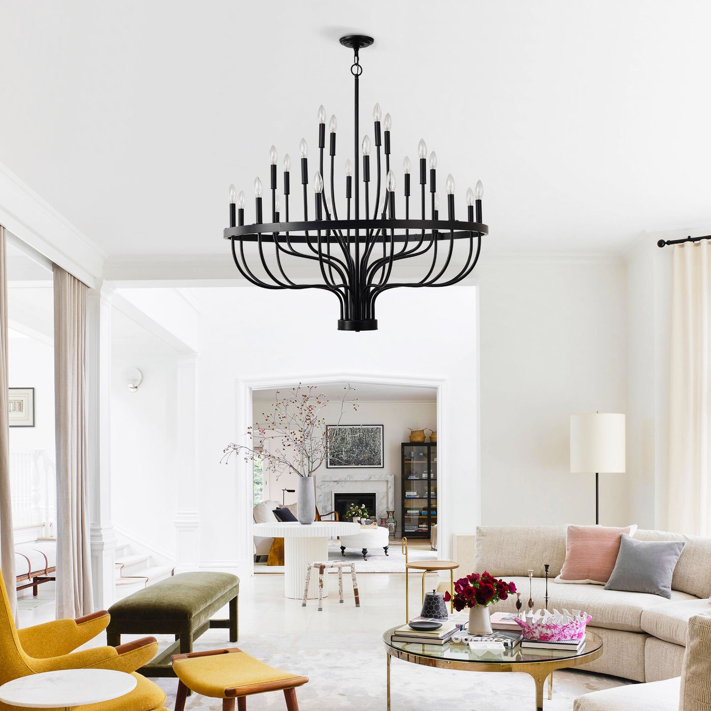 24 Light Chandelier Industrial Iron Candle Chandelier Modern Suspended Farmhouse Chandeliers Pendant Light Fixtures For Dining Room Bedroom Living Room Kitchen Island Foyer E12 Bulb (No Include) - Black