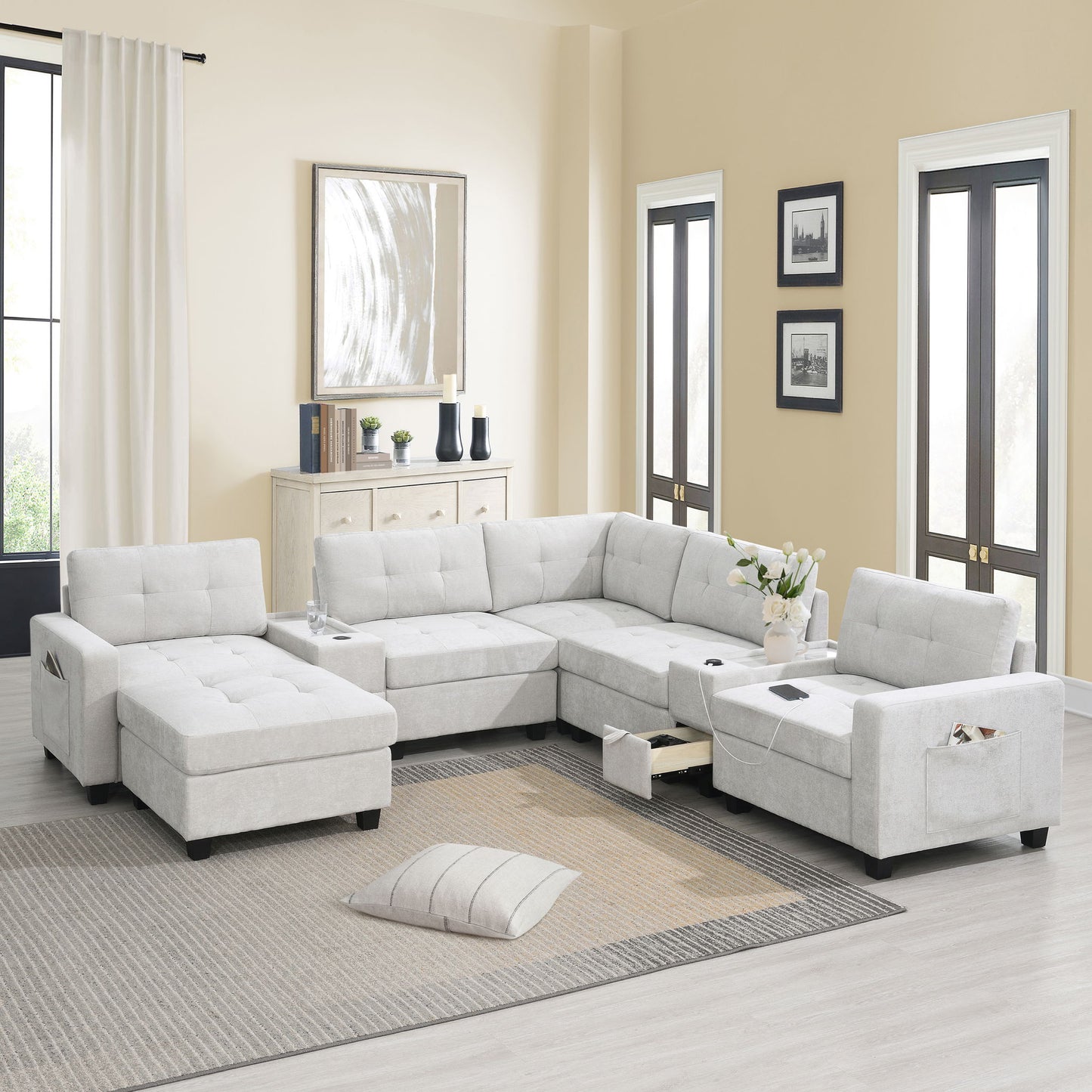 Sectional With Acrylic Table Top U Shaped Couch Set With 2 Consoles USB Charger, Storage Drawers And Pockets Movable Ottoman Tufted Sofa