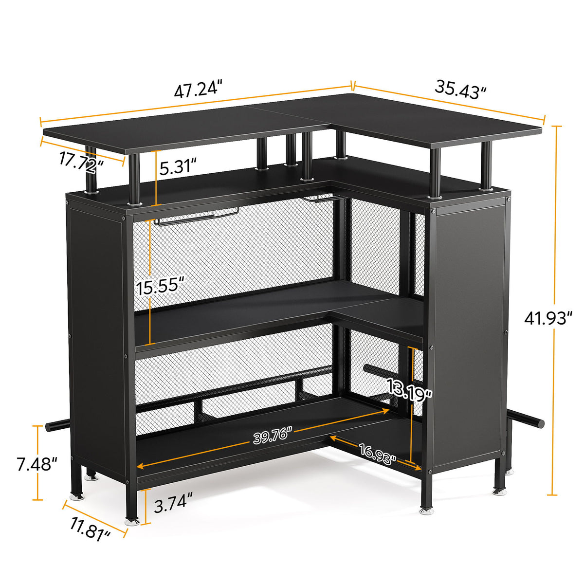 L Shaped Home Mini Bar Table With 2 Tier Shelves & Glass Racks - Black