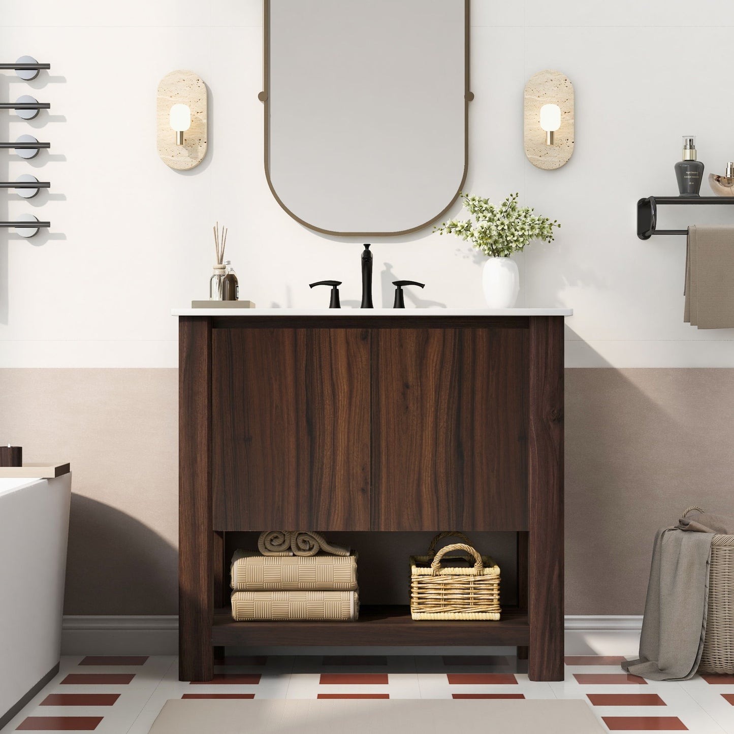 36" Modern Bathroom Vanity With Rectangle Ceramic Sink, Bathroom Cabinet And 45 Degrees Free Handle Design Soft Closing Doors, 1 Open Shelf At The Bottom - Dark Brown