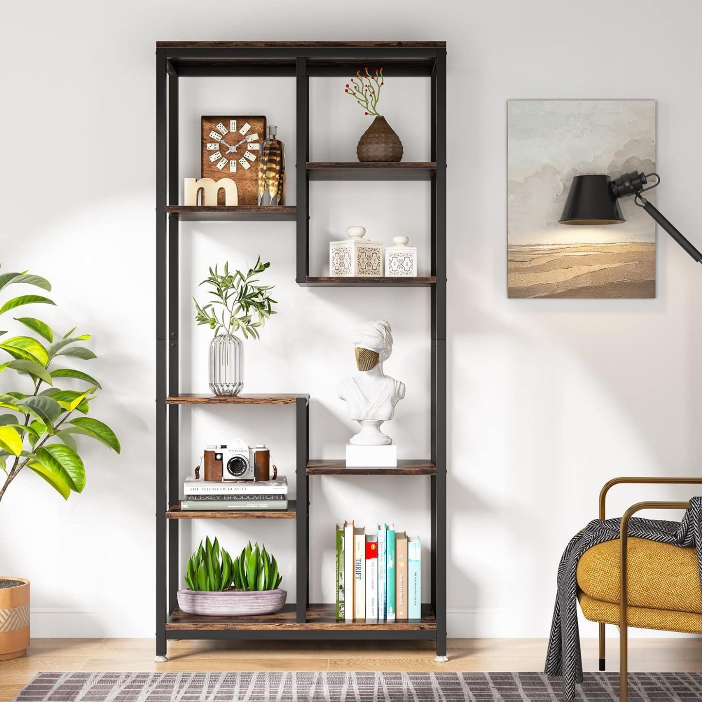 6 Tier, 8 Shelf Etagere Bookcase Storage Display Rack For Living Room - Rustic Brown