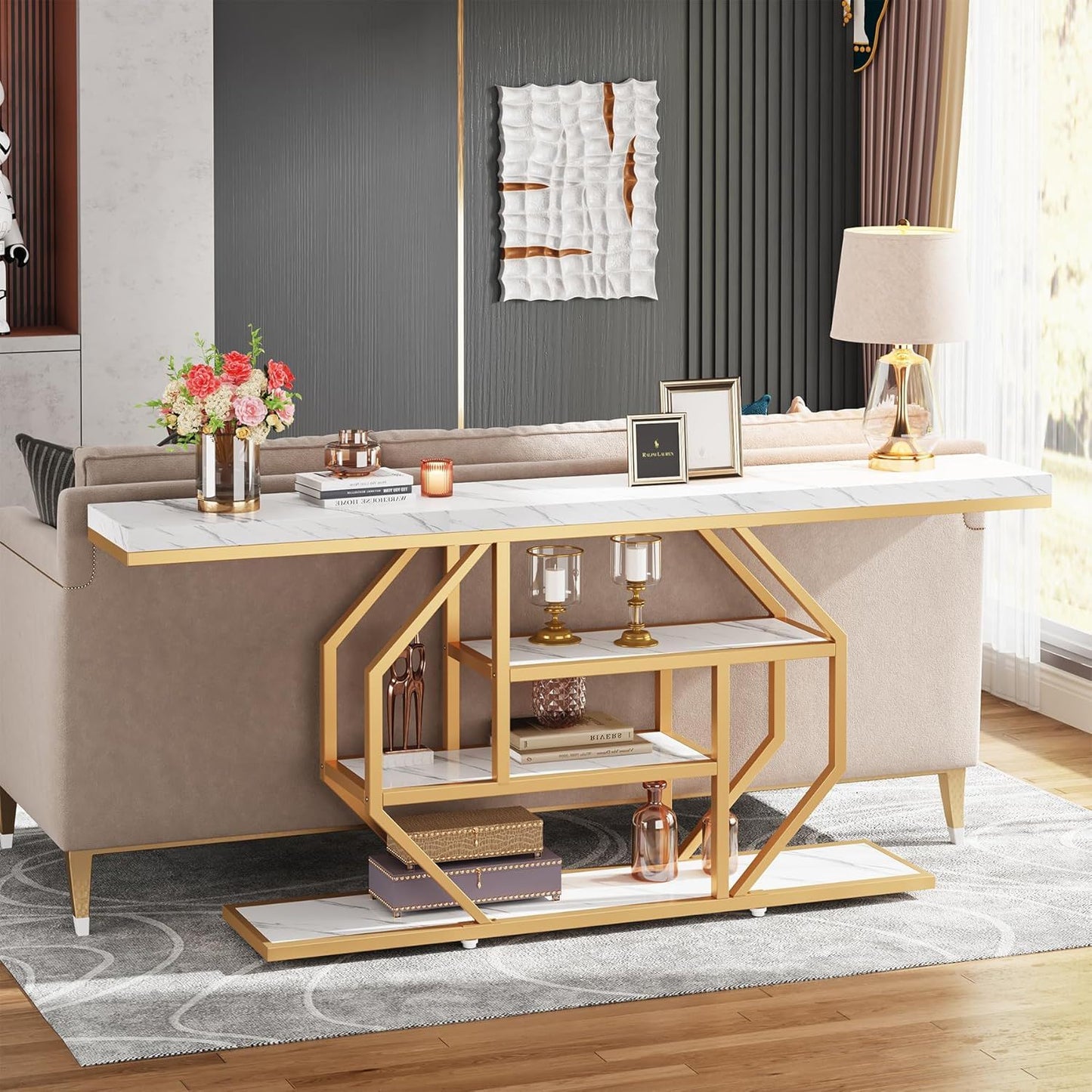 Extra Long Console Table With 4 Tier Storage For Living Hallway - White / Gold