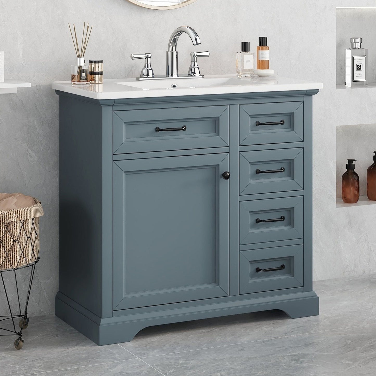 36" Bathroom Vanity With Sink, 2 Tip-Out Drawers, Soft Close Hinges