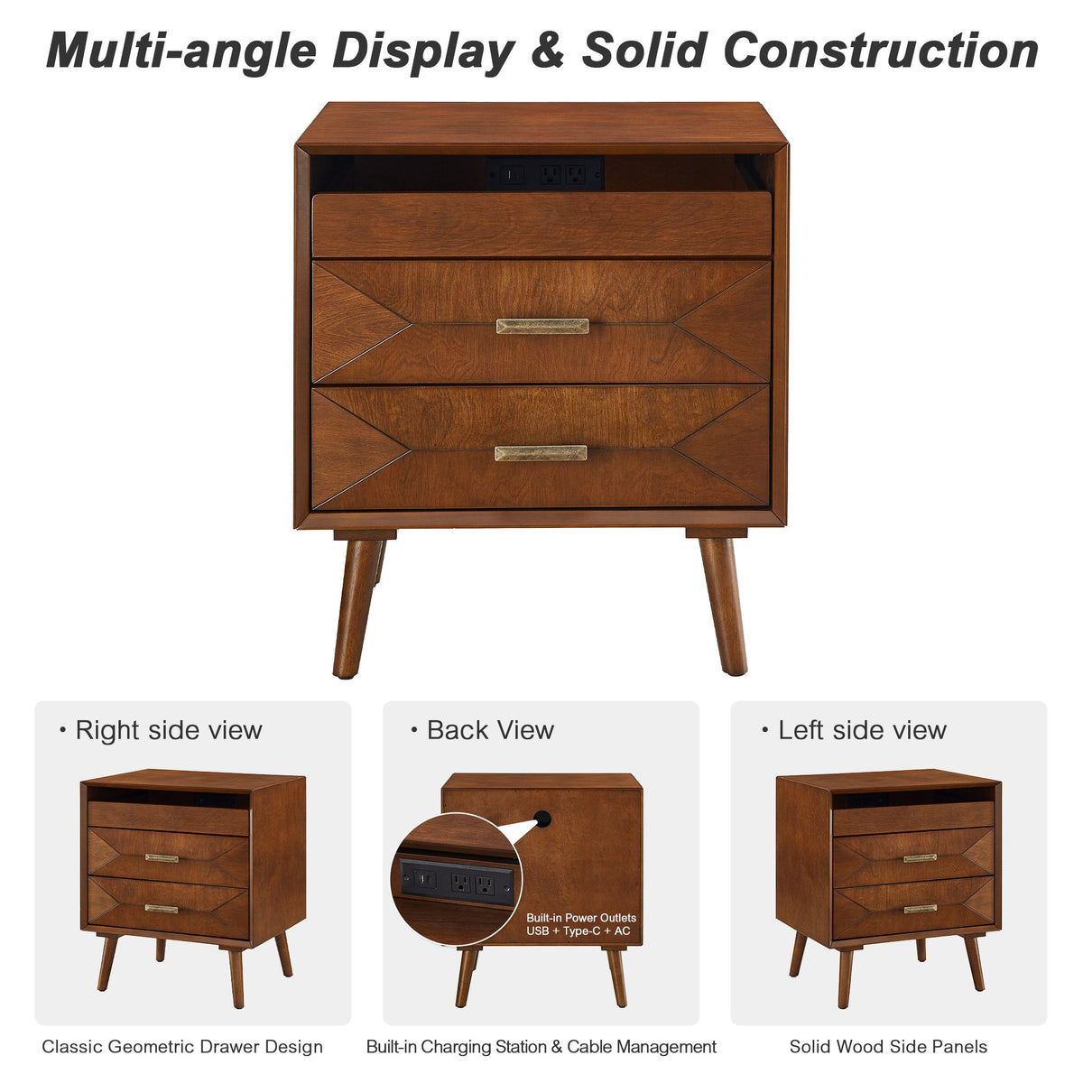 Nightstand With Charging Station, Bedside Table, 2 Drawers And Open Shelf, USB / Type C Ports For Bedroom - Walnut