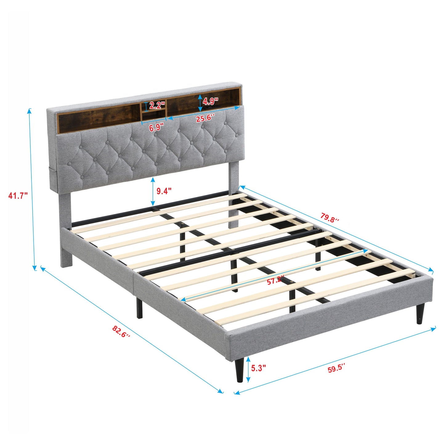 Modern Upholstered Platform Bed Frame With Button Tufted Headboard And USB Ports