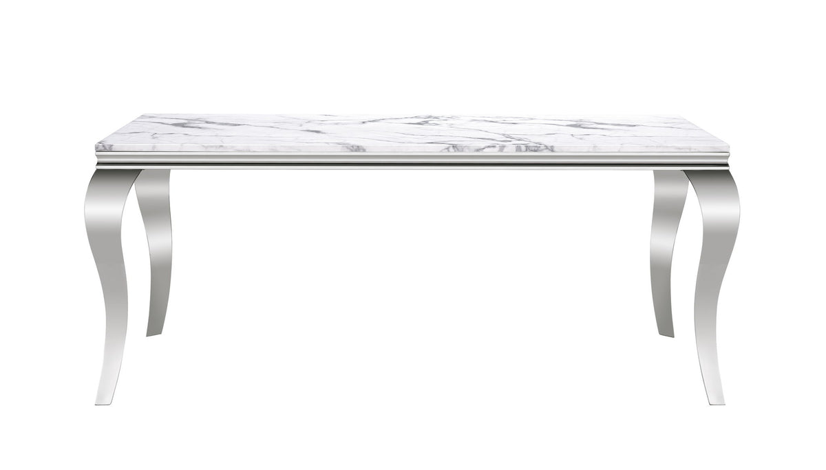 Marble Printed Rectangular Dining Table, Frame And Stainless Steel Legs - Silver / White