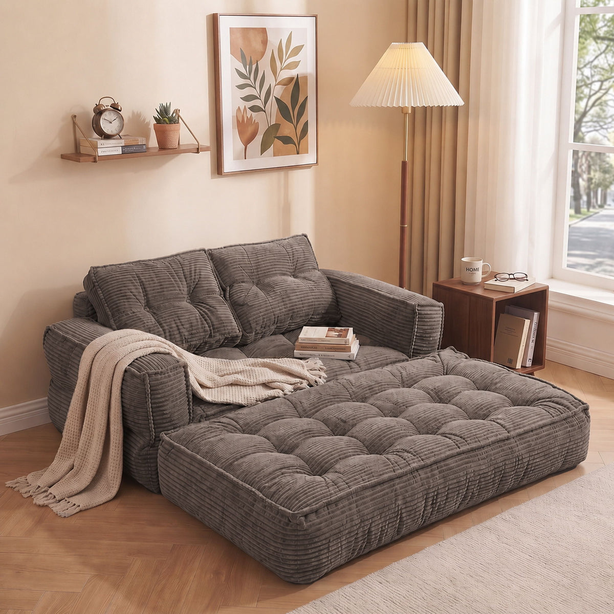 2 Seater Modular Sofa With Chaise Lounge, Boneless Floor Couch For Living Room - Coffee